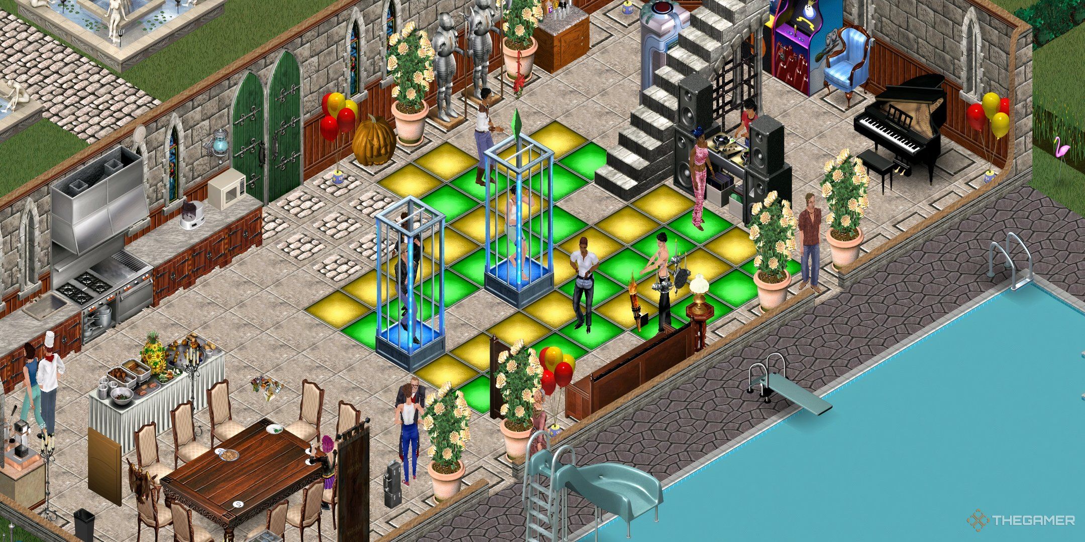 A party in The Sims featuring a dancefloor, dj booth, and balloons.