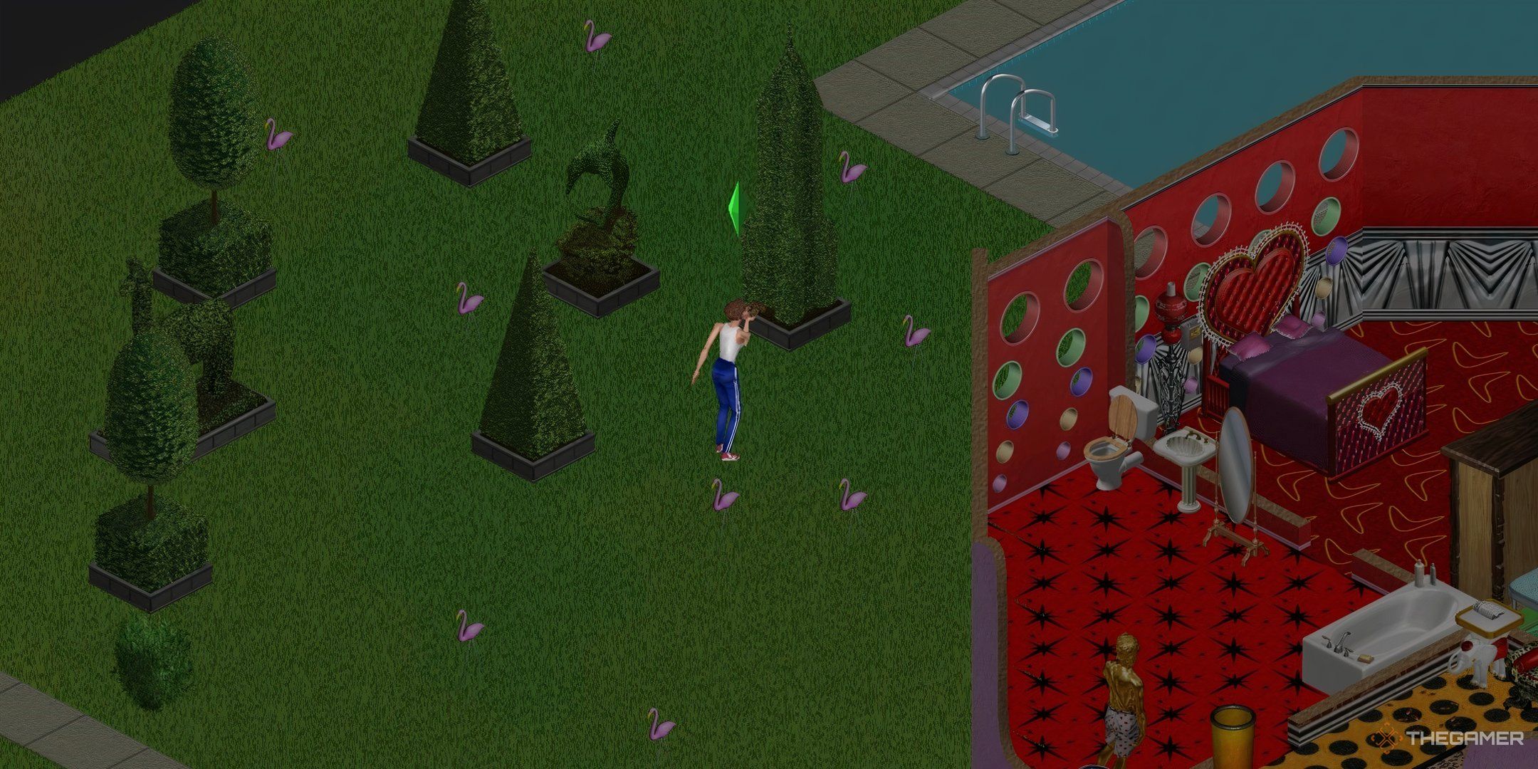 The Mashuga family in The Sims 1 stood in their garden. One of them is a toad being kissed by the other.