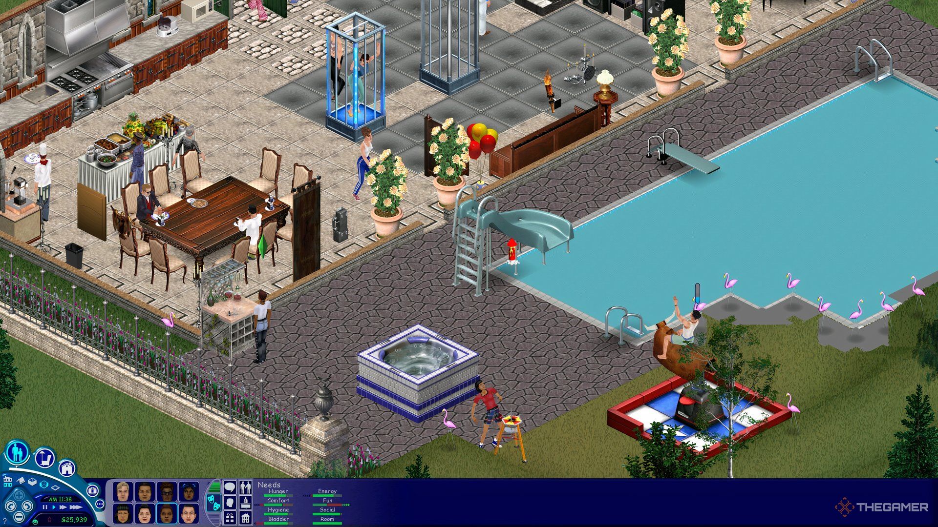 A party in The Sims including group activities like a rodeo bull, hot tub, and fireworks.