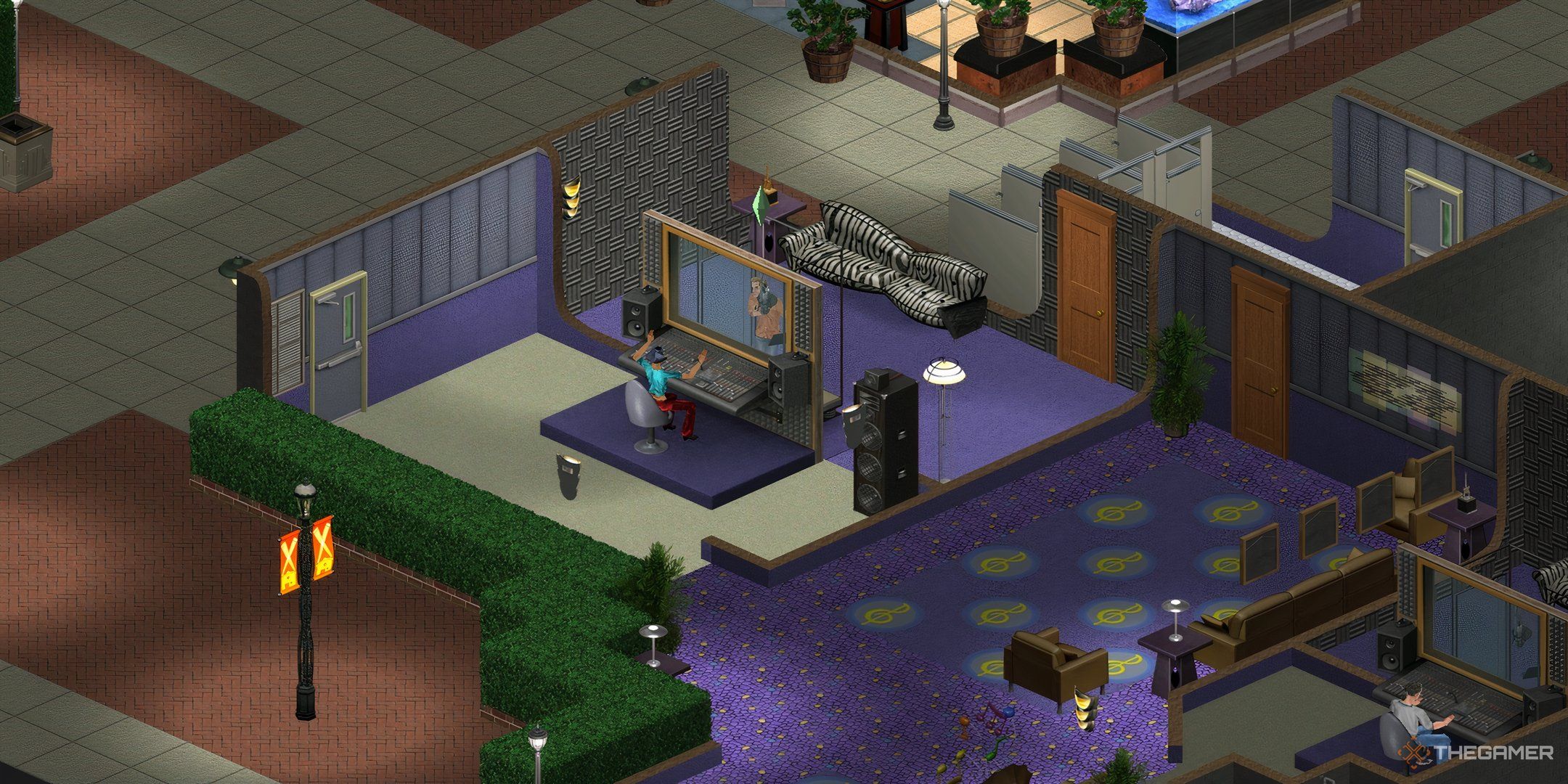 Johnny Zest in The Sims 1 recording a song at a booth in Studio Town with an engineer.