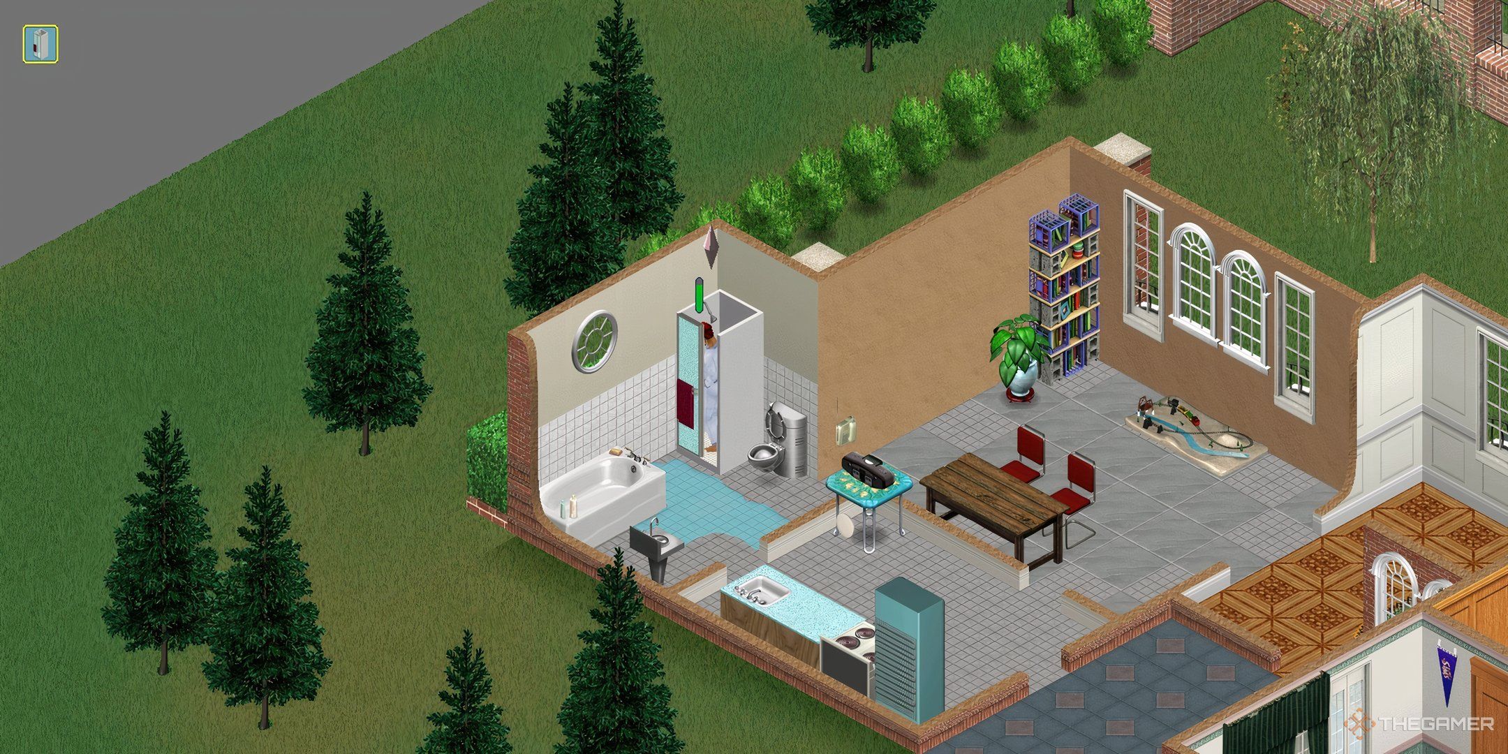 A Sim repairing a broken shower in a wet bathroom, gaining the mechanical skill.