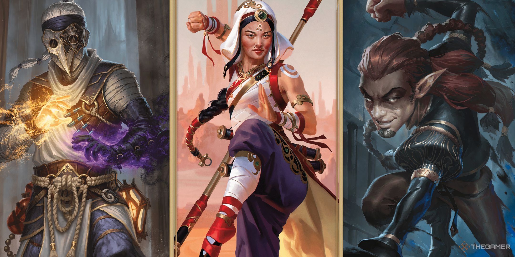 Three different monk subclasses in a split image with one another, wieldig quarterstaffs and their fists in Dungeons and Dragons