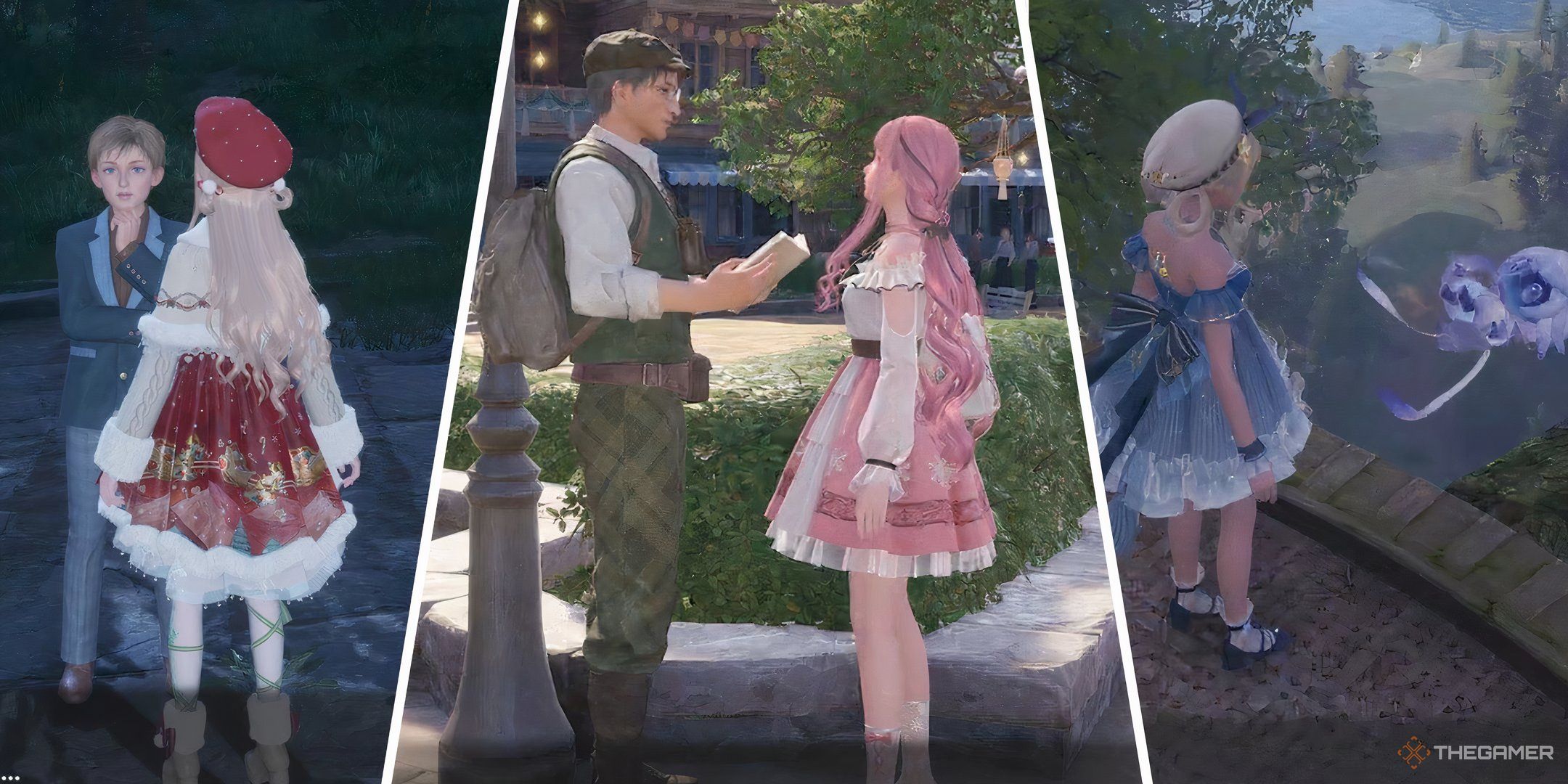 Three images of Nikki talking to NPCS during side quests in a collage.