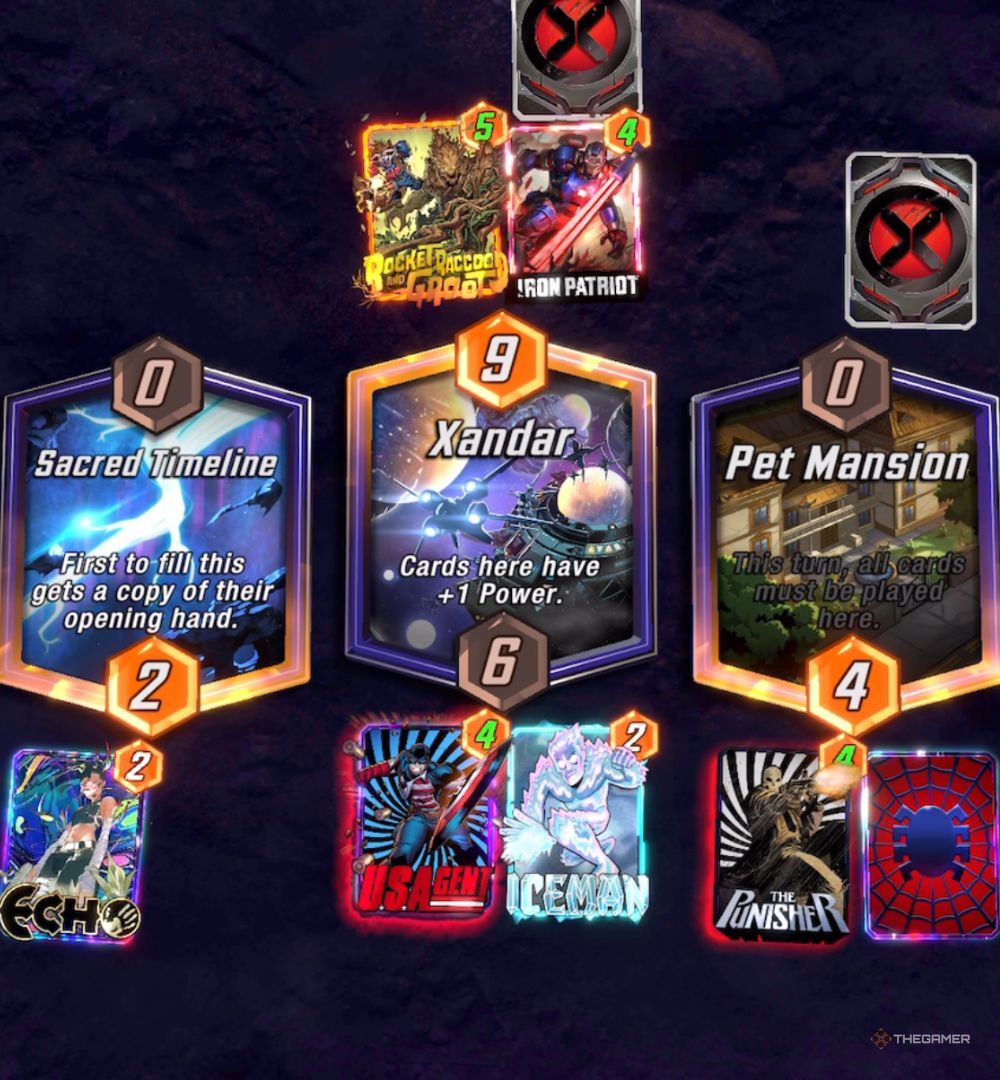 Three locations making up the Marvel Snap board, with cards for both sides scattered across them.