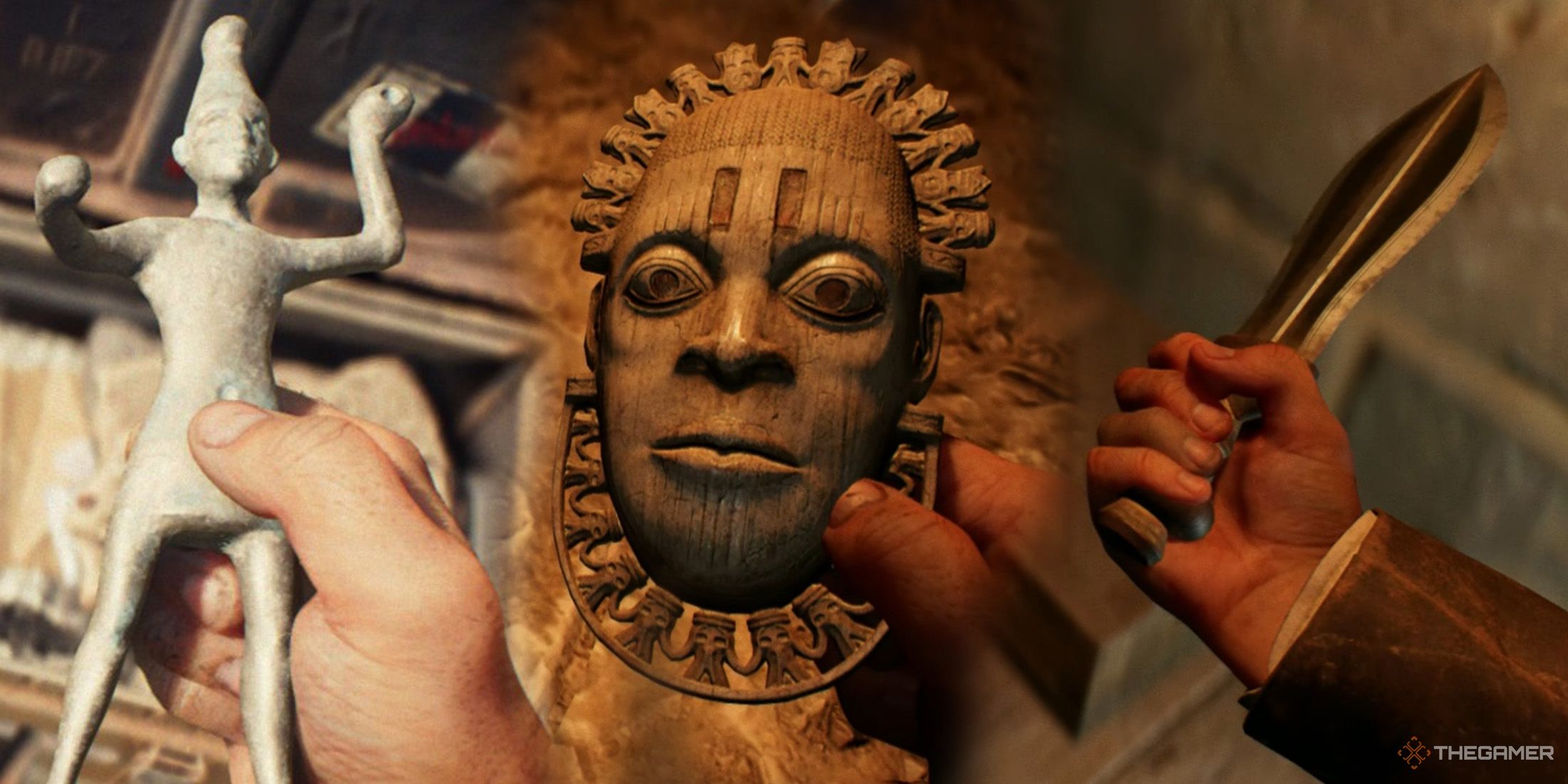 Three of Africa's Lost Artifacts stand side by side: Ba’al Statuette, Ivory Mask, and Jambiya Dagger in Indiana Jones And The Great Circle