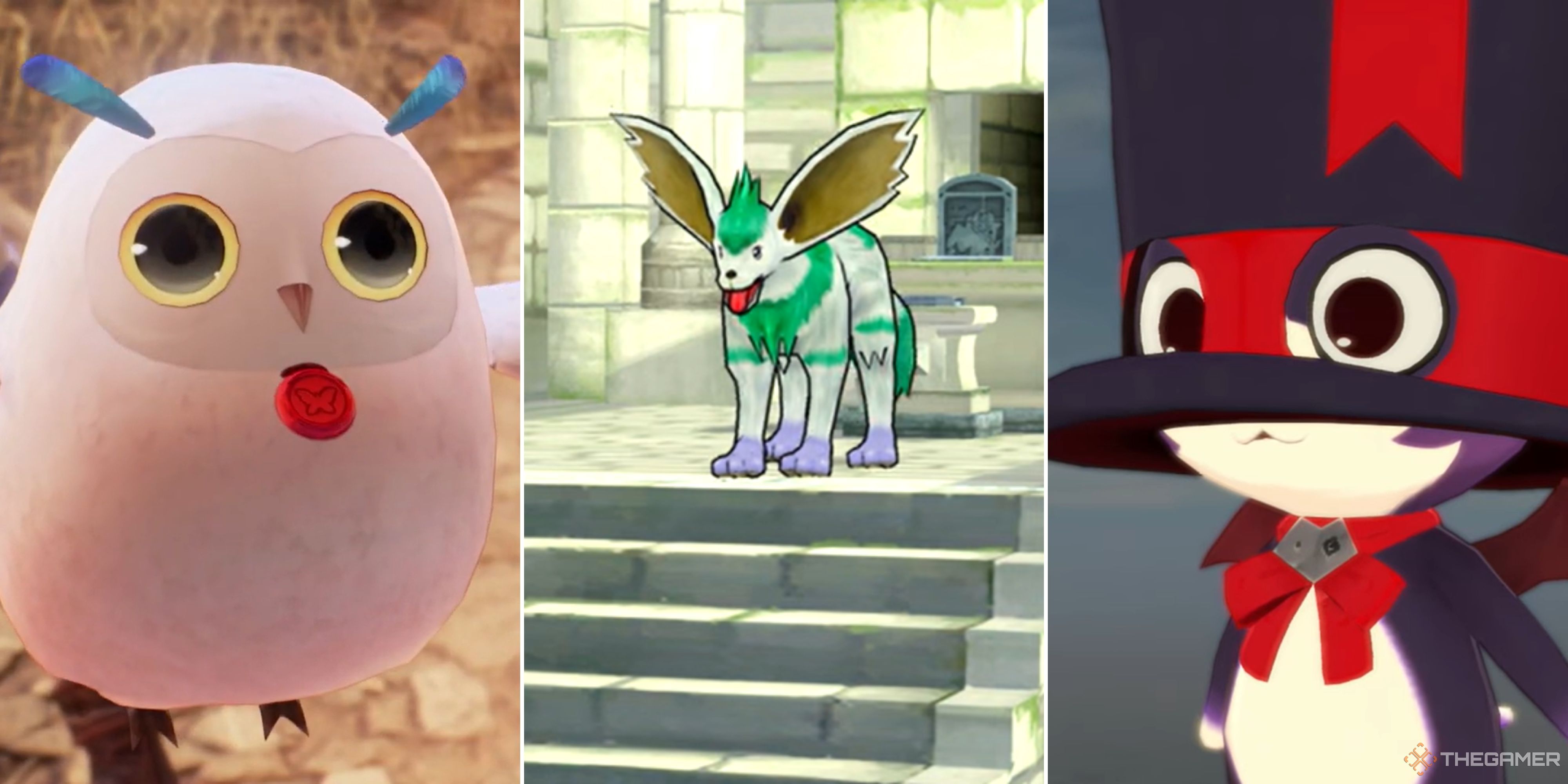 Three screenshots from left to right Hootle from Tales of Arise, Noishe from Tales of Symphonia, and Bienfu from Tales of Beseria.