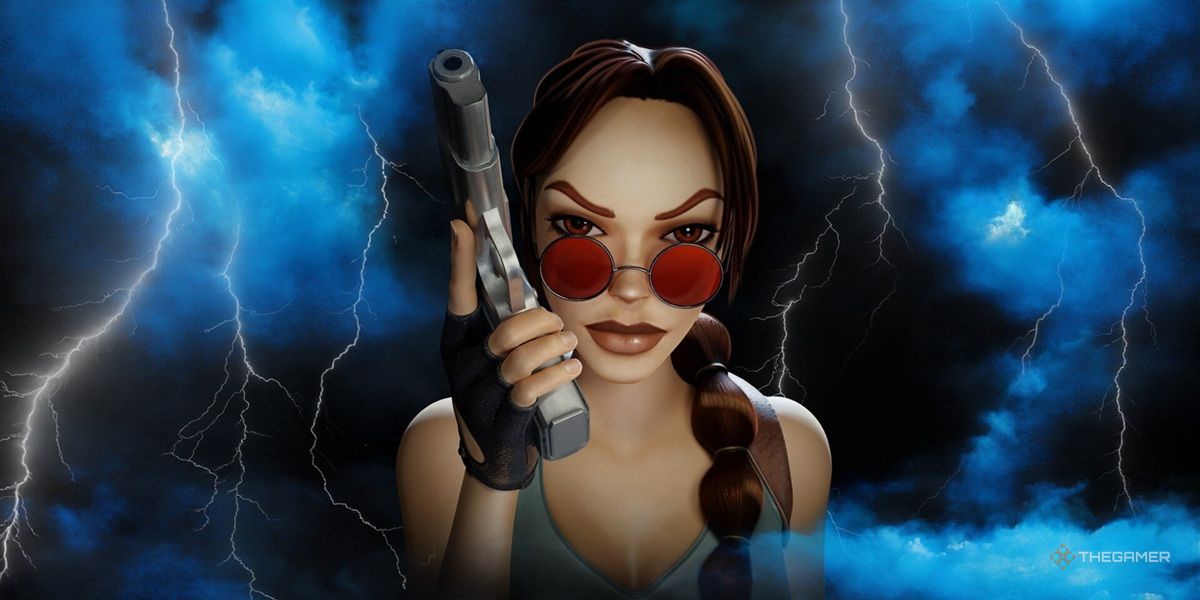 Lara Croft amidst a background of lightning.