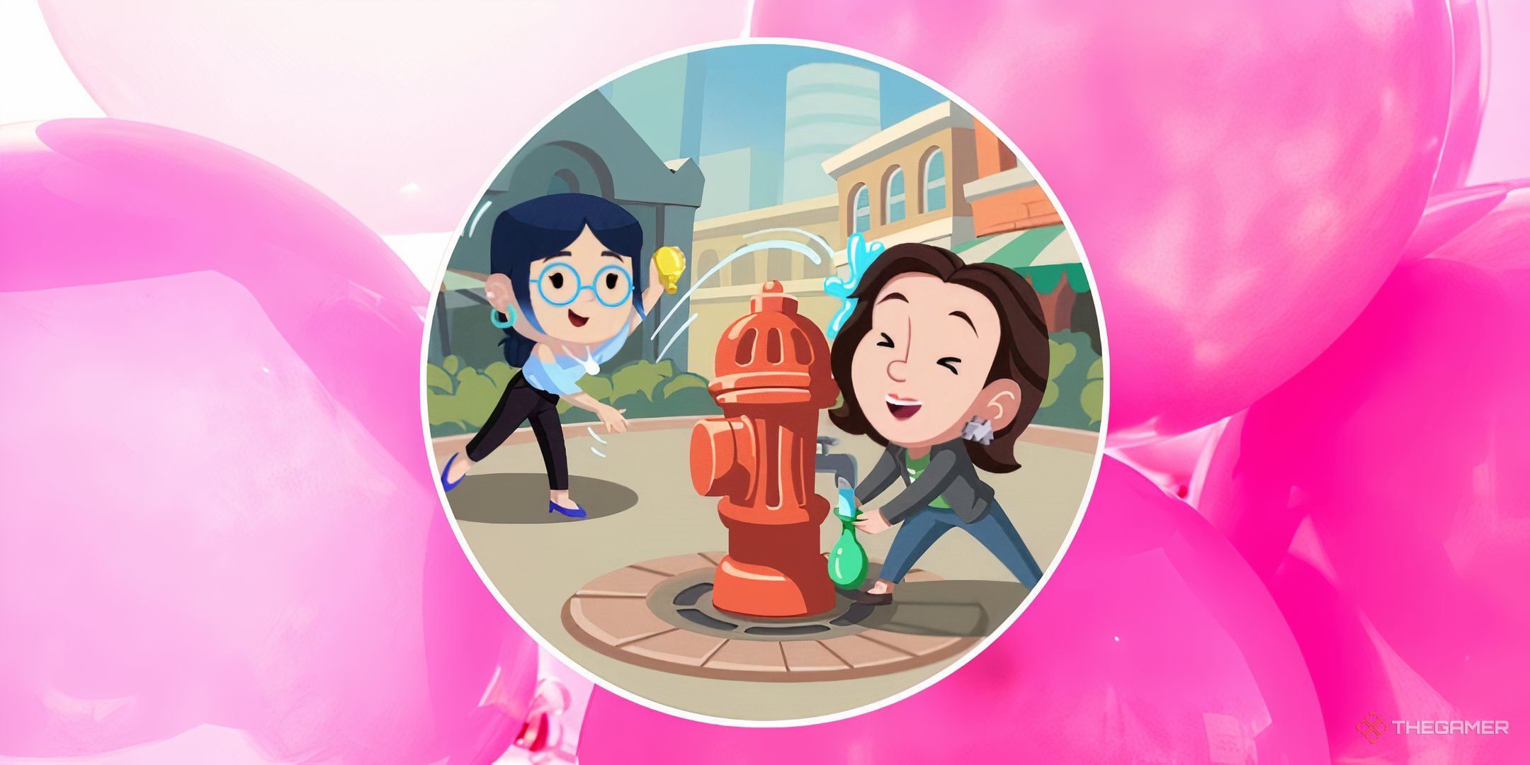 Two characters from Monopoly Go filling water balloons in a fire hydrant in front of a backdrop of pink balloons for Water Works in Monopoly Go.