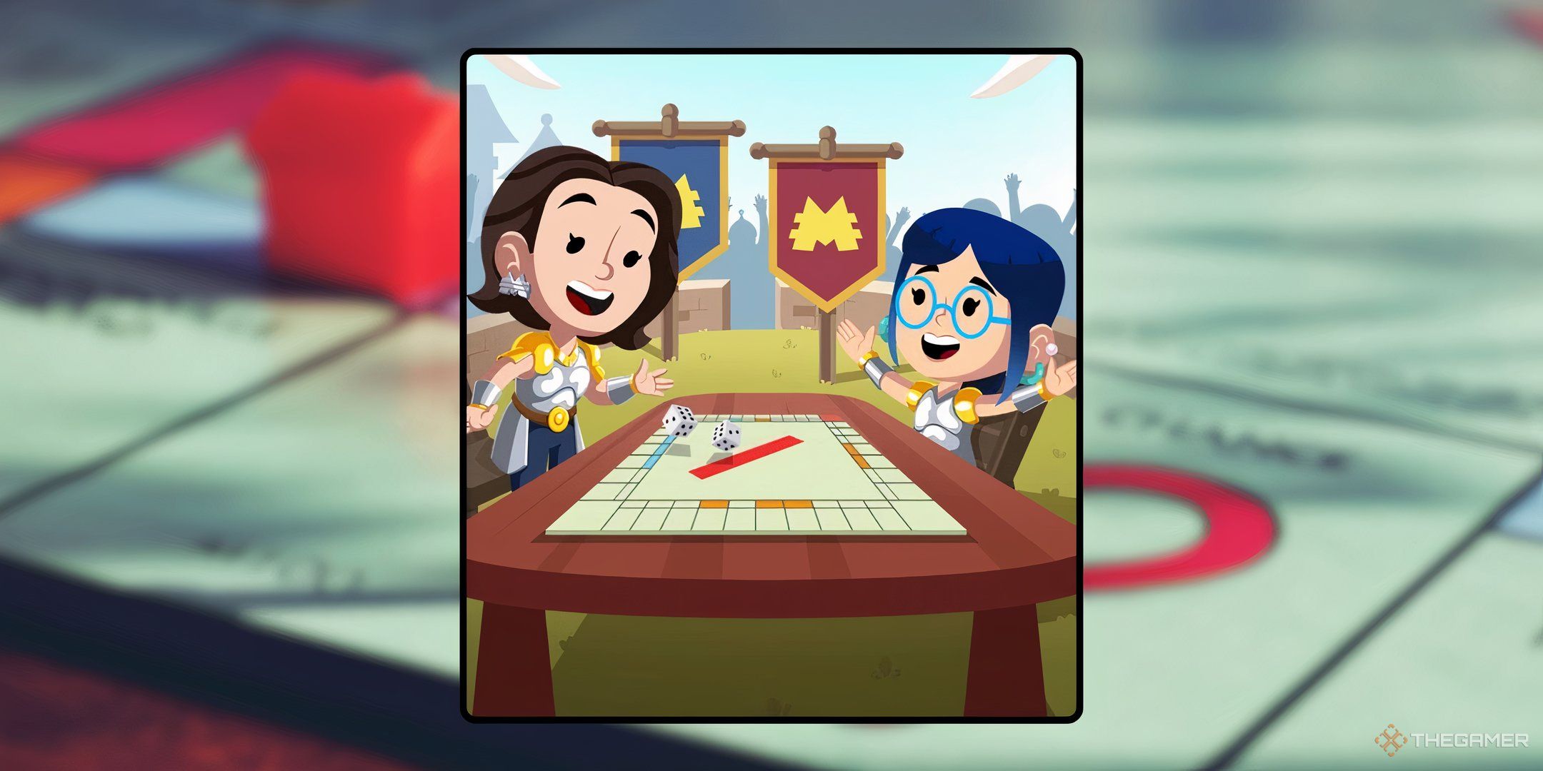 Two characters from Monopoly Go playing Monopoly against a background of a Monopoly board for the Roll and Conquer tournament in Monopoly Go.