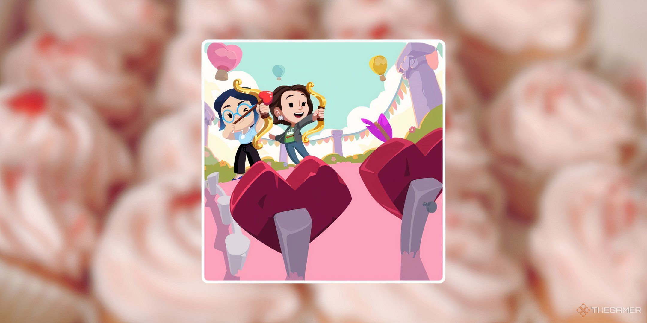 Two characters from Monopoly Go practicing archery on heart-shaped targets in front of a blurred image of heart cupcakes for Bullseye Bliss in Monopoly Go.