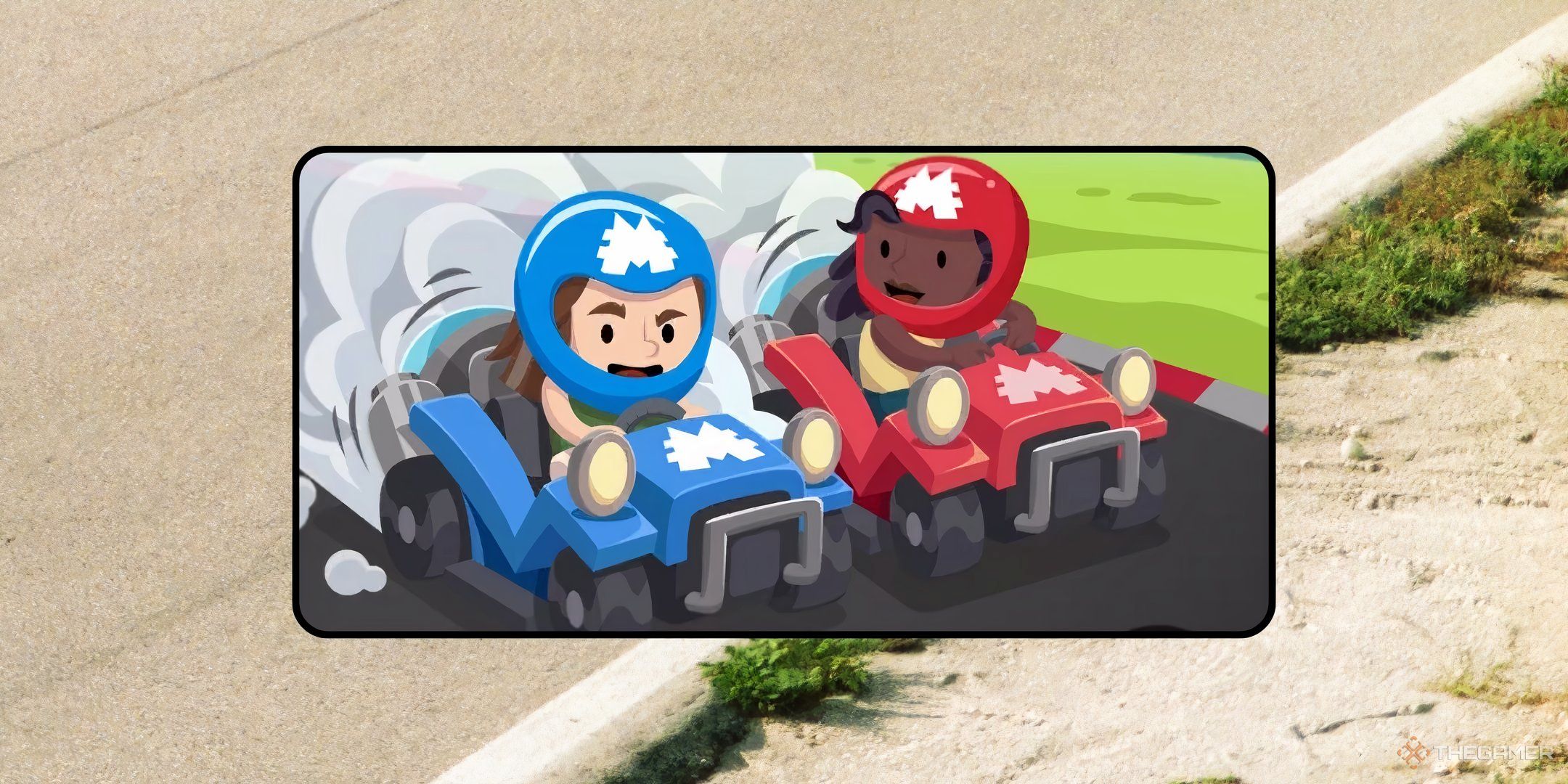 Two characters from Monopoly Go racing in different colored cars for the Pace Pushers tournament in Monopoly Go.