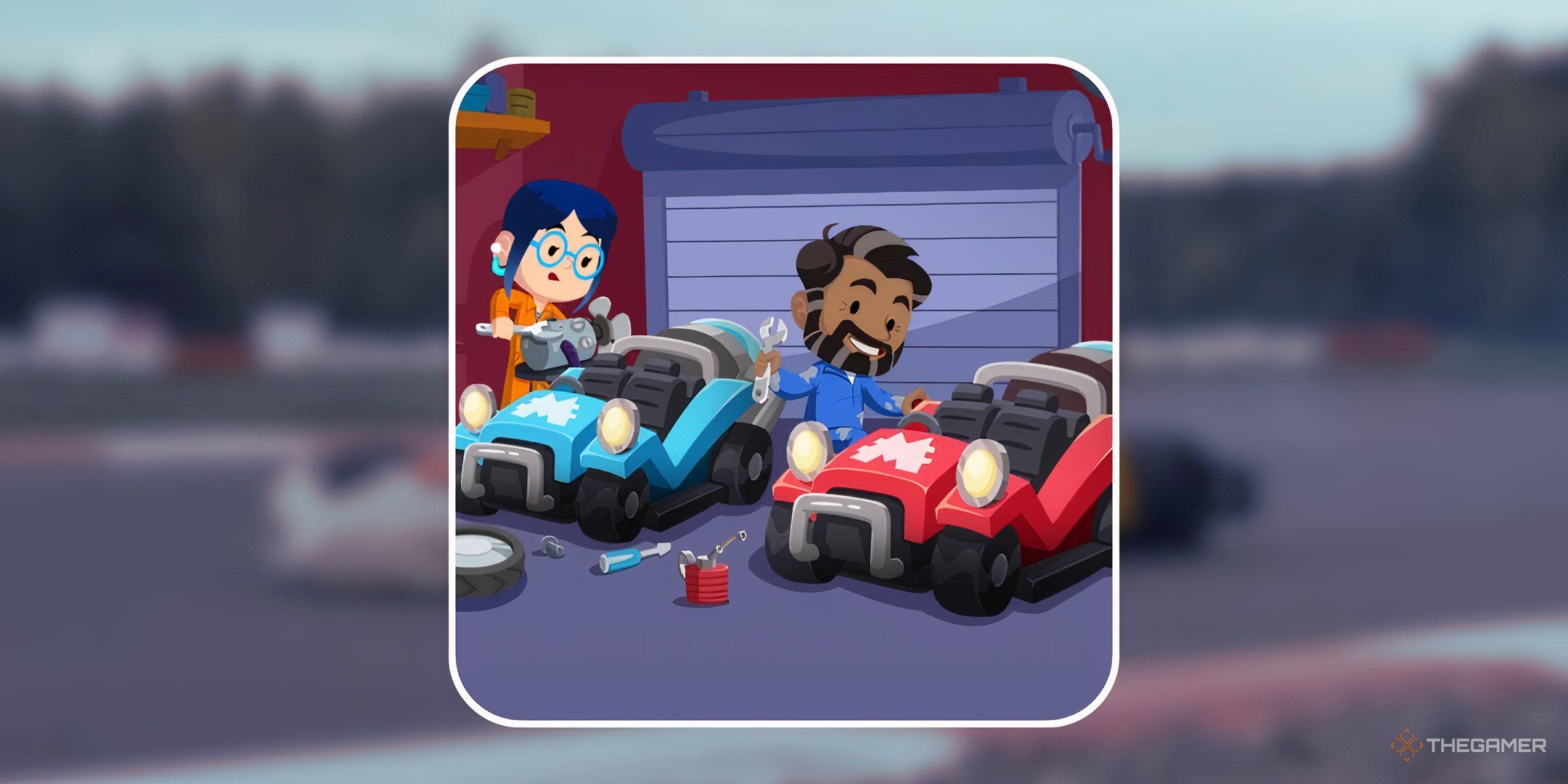 Two characters from Monopoly Go servicing racecars at a pit stop in front of a blurred image of a racetrack for the rewards in Grease and Glory in Monopoly Go.