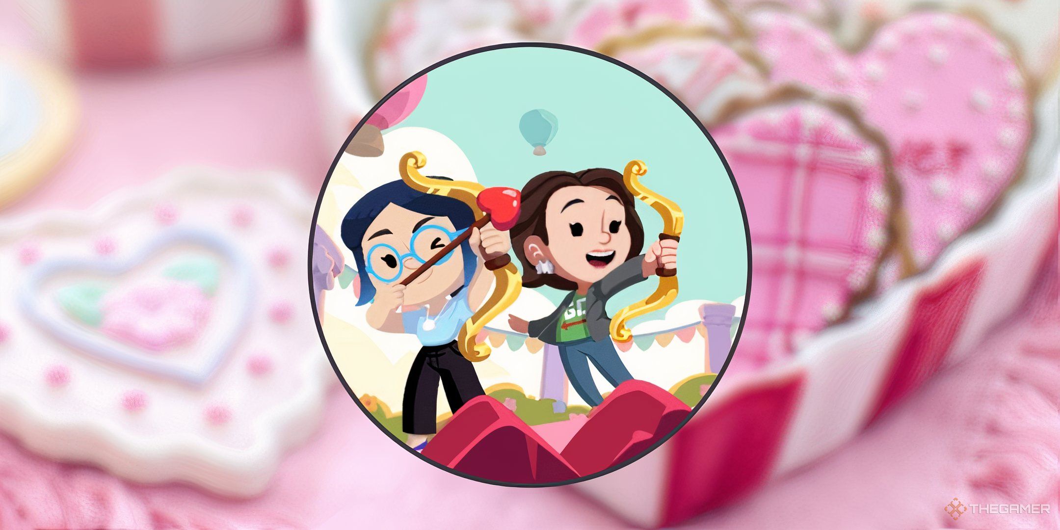 Two characters from Monopoly Go shooting heart-shaped bows for the Bullseye Bliss event in Monopoly Go.