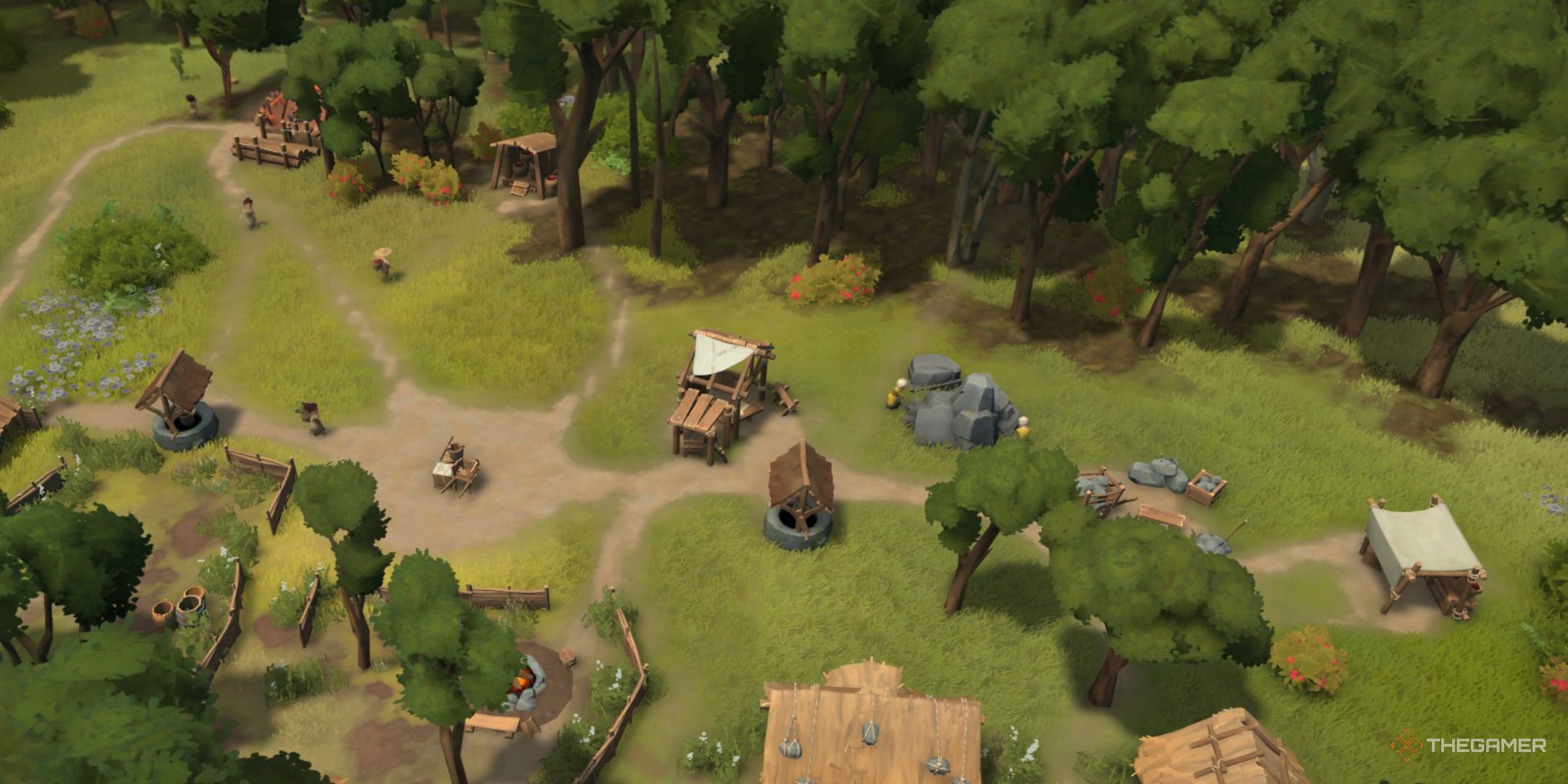 The image shows the village center to the left, surrounded by several buildings in Foundation.