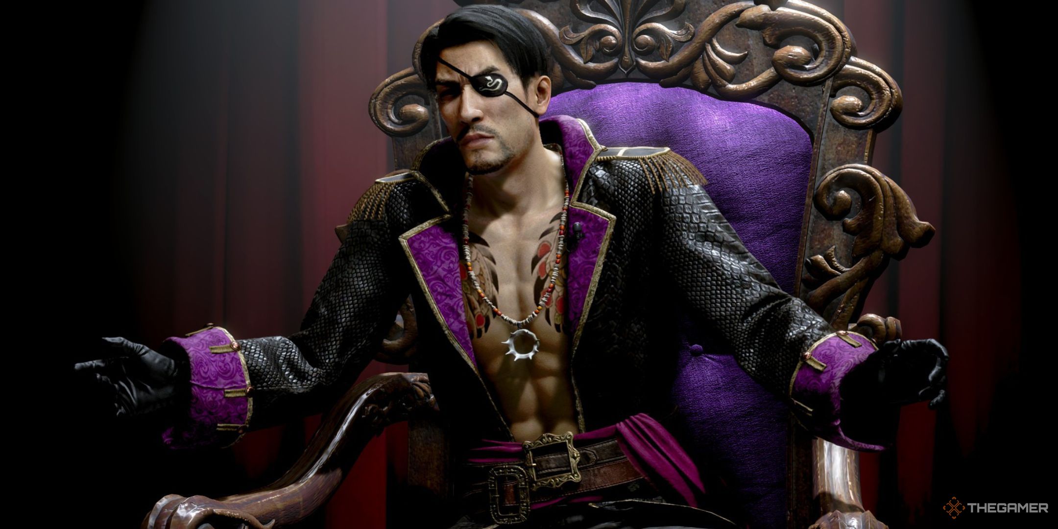 Majima is sitting on a chair talking about his pirate life in Like A Dragon Pirate Yakuza In Hawaii.