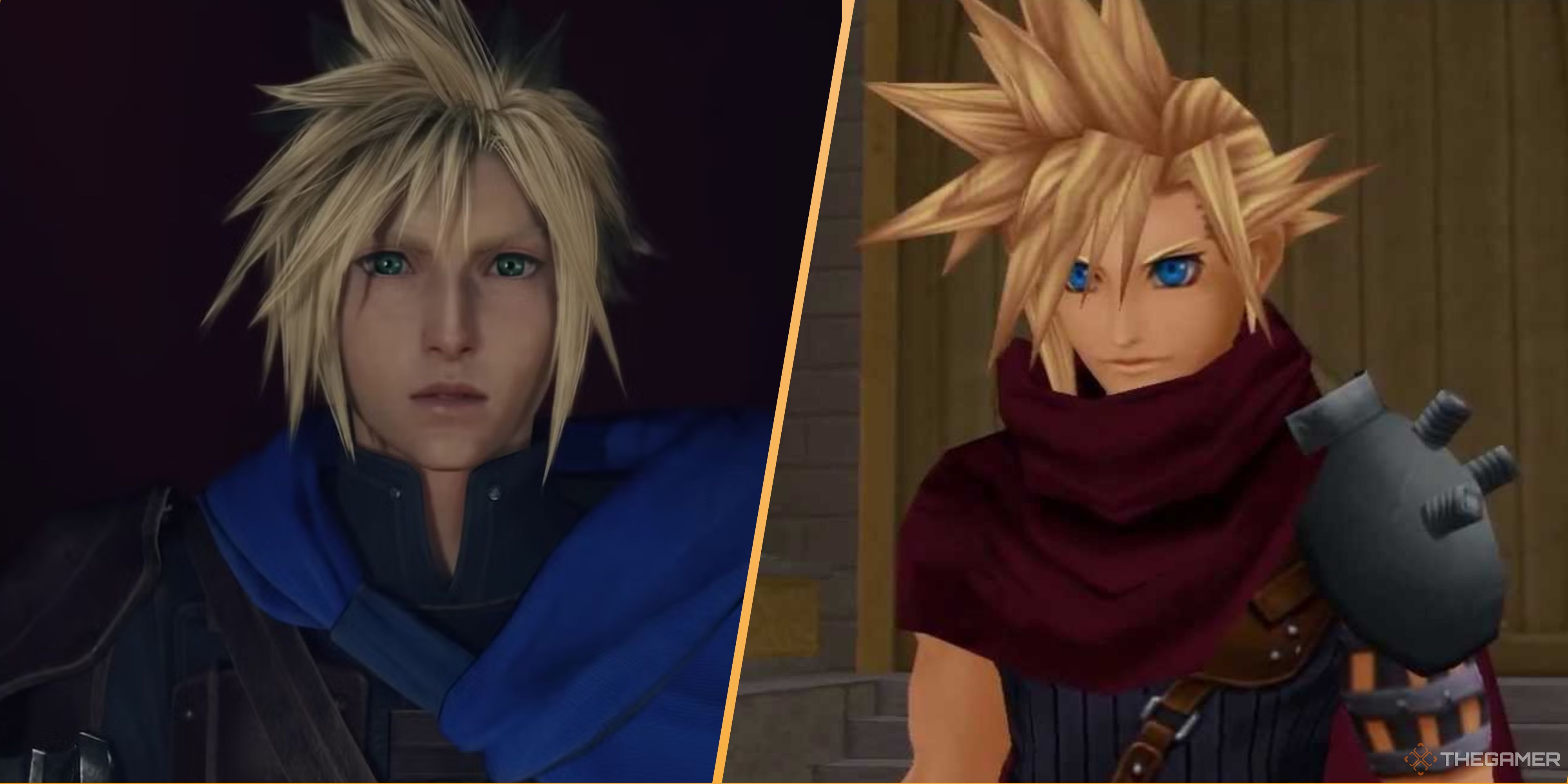 cloud in his loveless outfit in final fantasy 7 rebirth, and cloud in kingdom hearts.