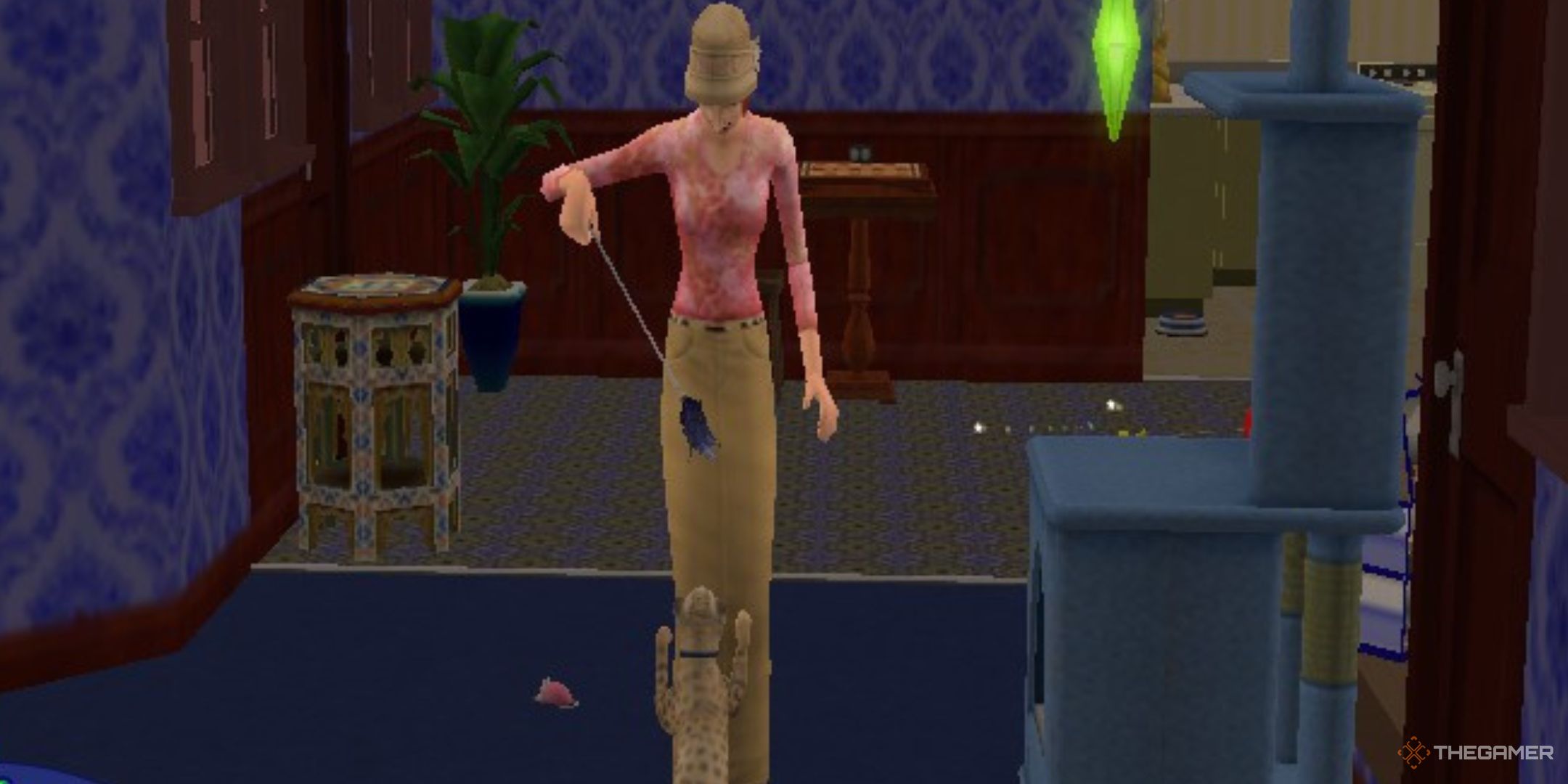 The player is playing with a cat in The Sims 2.