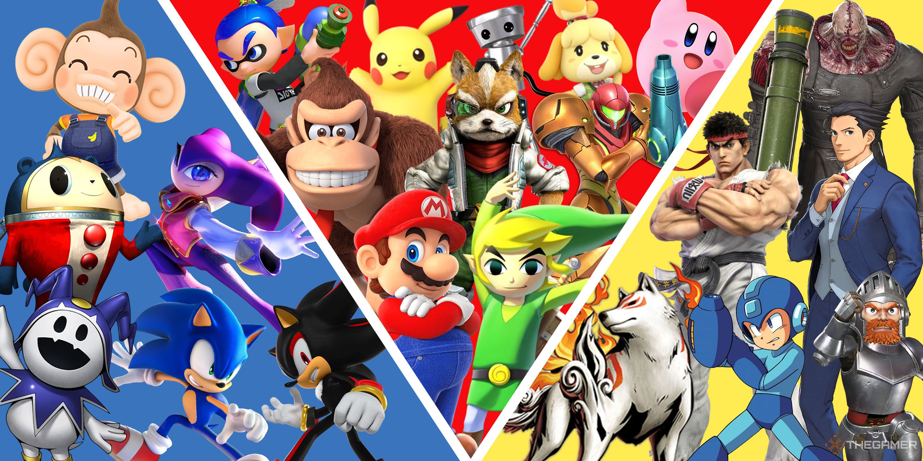 Split image of various characters from Sega, Nintendo and Capcom.