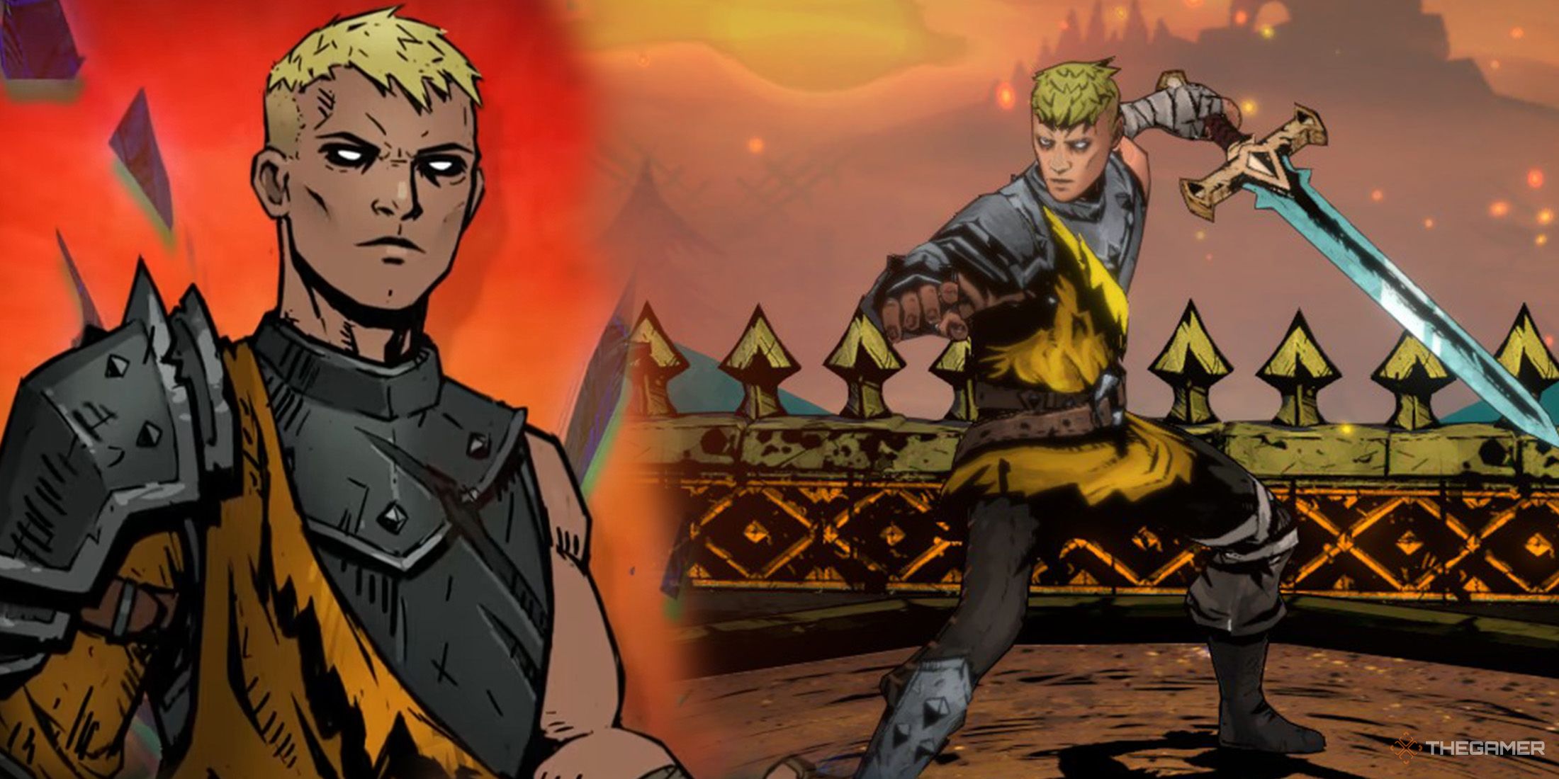 Vigilante&rsquo;s illustration on the left side and she is holding her sword on the right side in Sworn