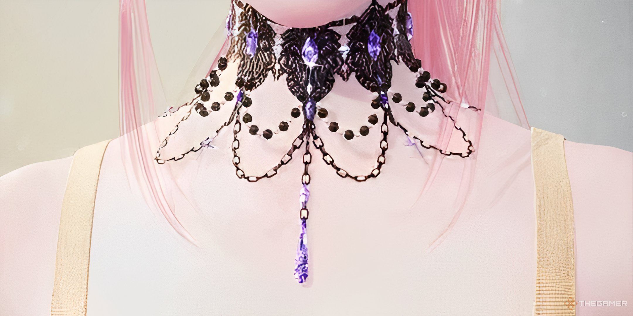 Nikki wearing the Violet Phantom choker.