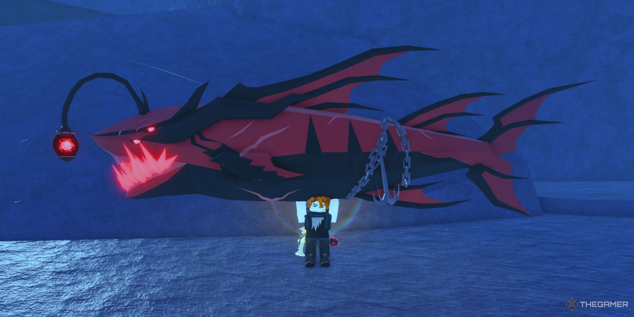 نحوه گرفتن موبی و نهنگ آبی در Roblox: Fisch 4 شخصیت بازیکن که دارای Ghostfish Voidglow با دستان خود در منطقه Abyssal Zenith در Fisch است.