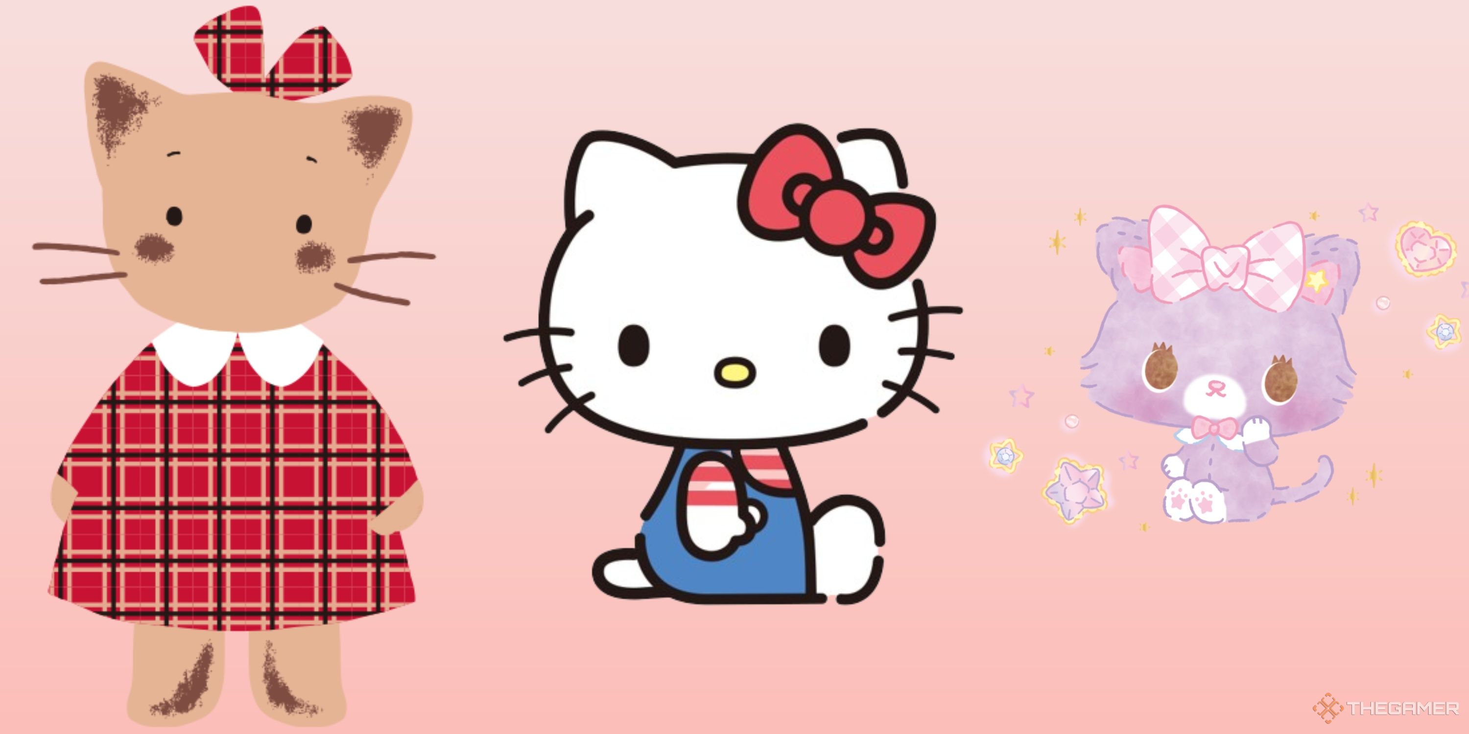 شخصیت های کوتاه سگ در Sanrio/Hello Kitty 8 Winkipinki ، Hello Kitty و Mewkledreamy در پس زمینه شیب صورتی پاستیل.