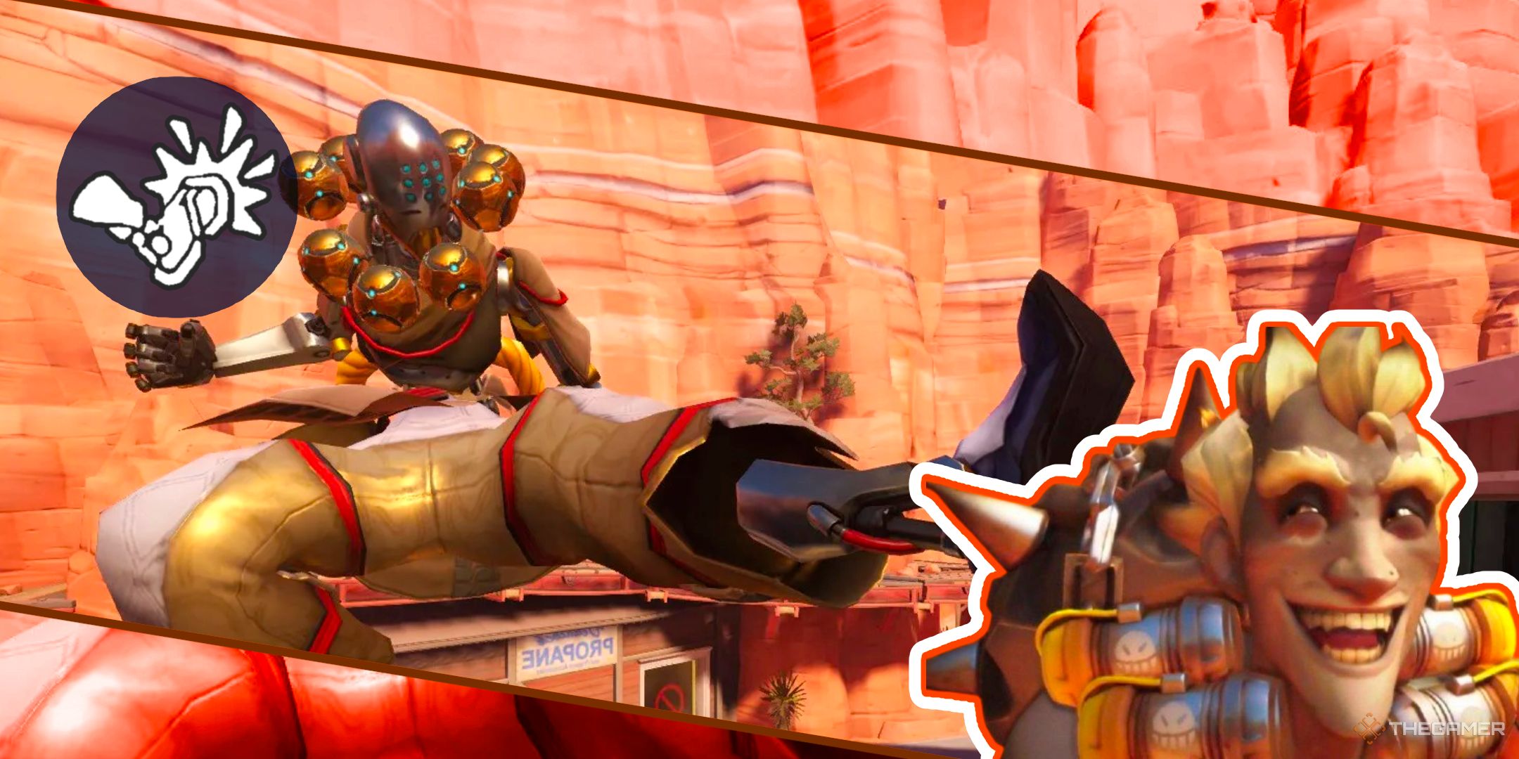 Zenyatta Using His Zeinth Kick Perk To Kick A Laughing Junkrat In Route 66 In Overwatch 2.