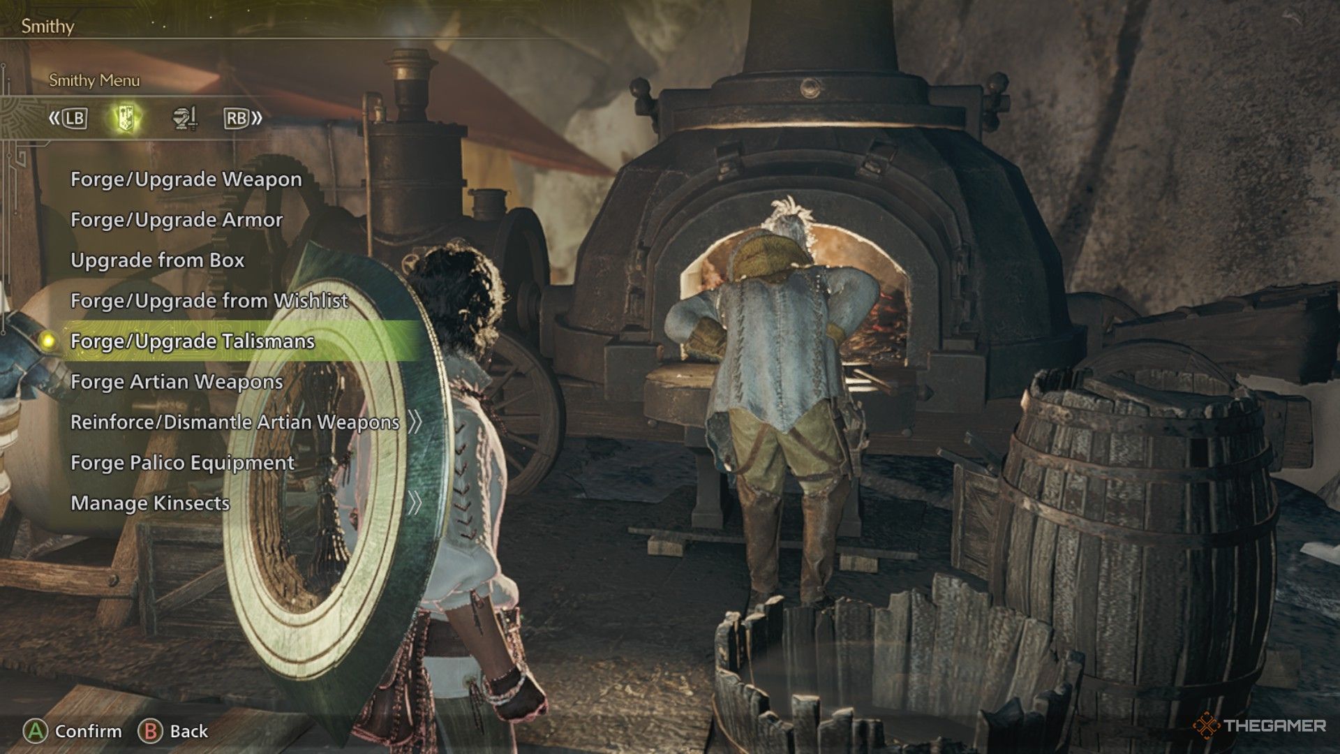 The image shows the Forge/Upgrade Talisman option from Gemma&rsquo;s menu in Monster Hunter Wilds.