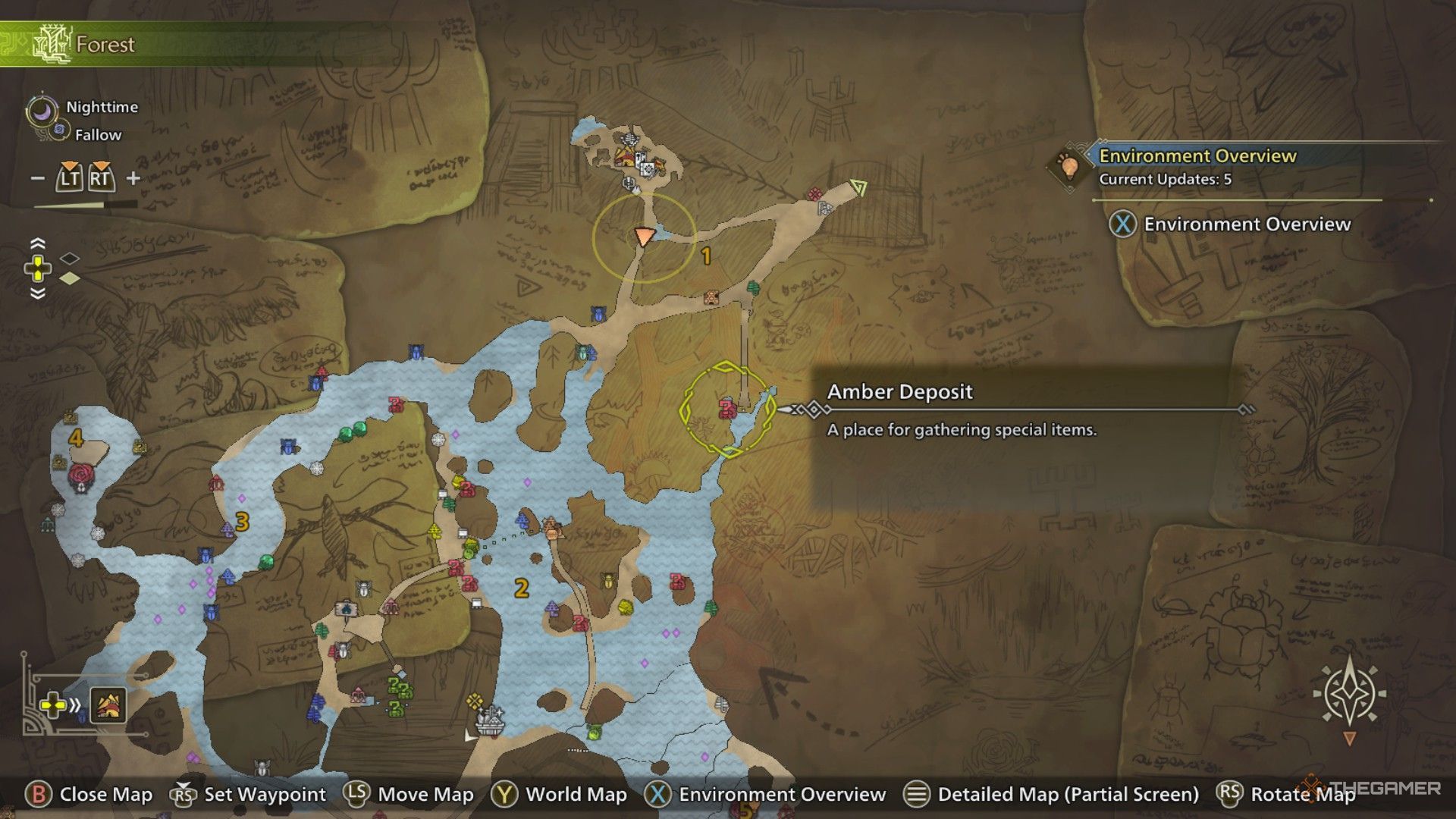 The image shows Amber Deposit on the map in Monster Hunter Wilds.