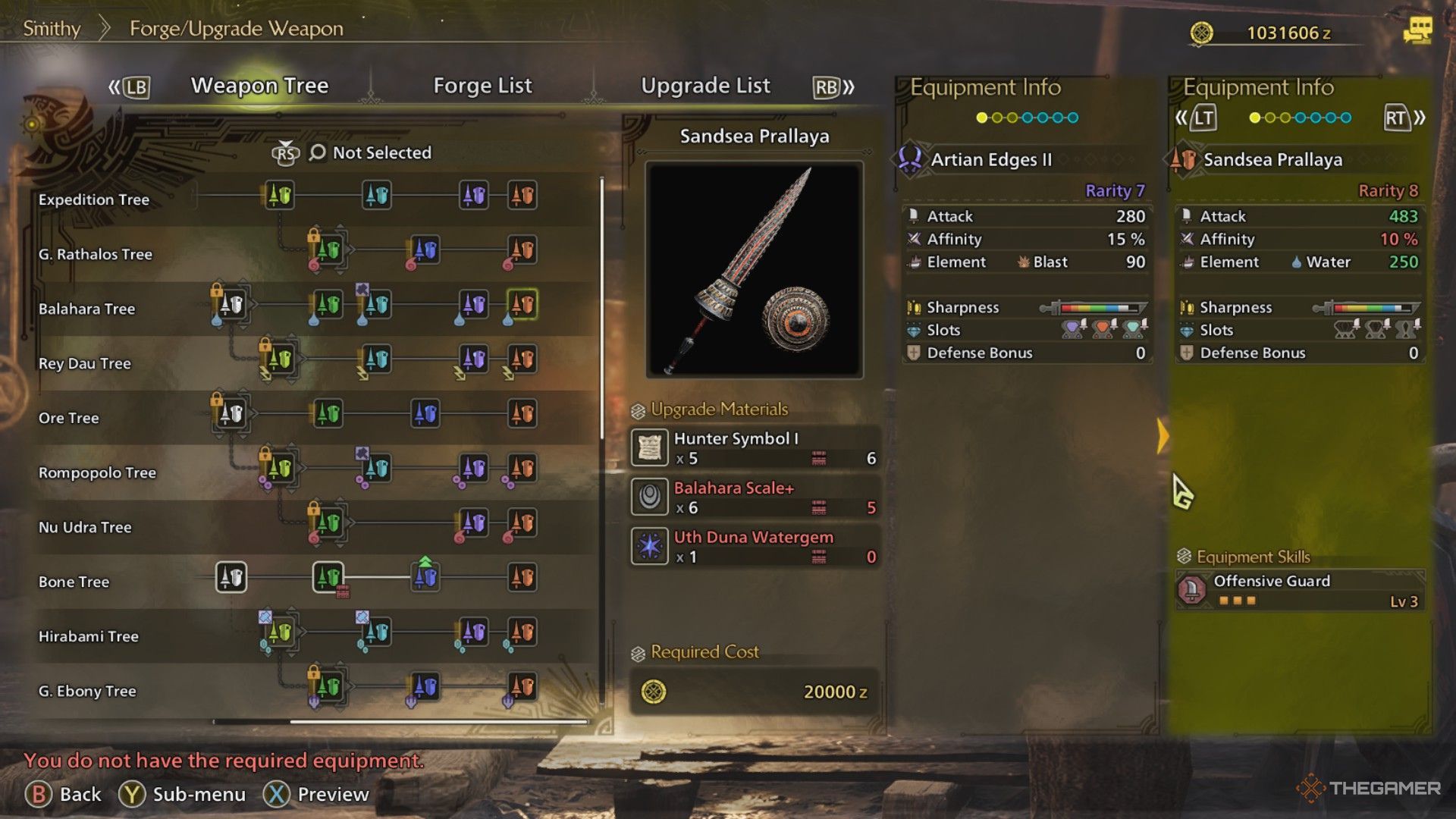 The image shows the Sandsea Prallaya from the Smithy&rsquo;s Forge Menu in Monster Hunter Wilds.