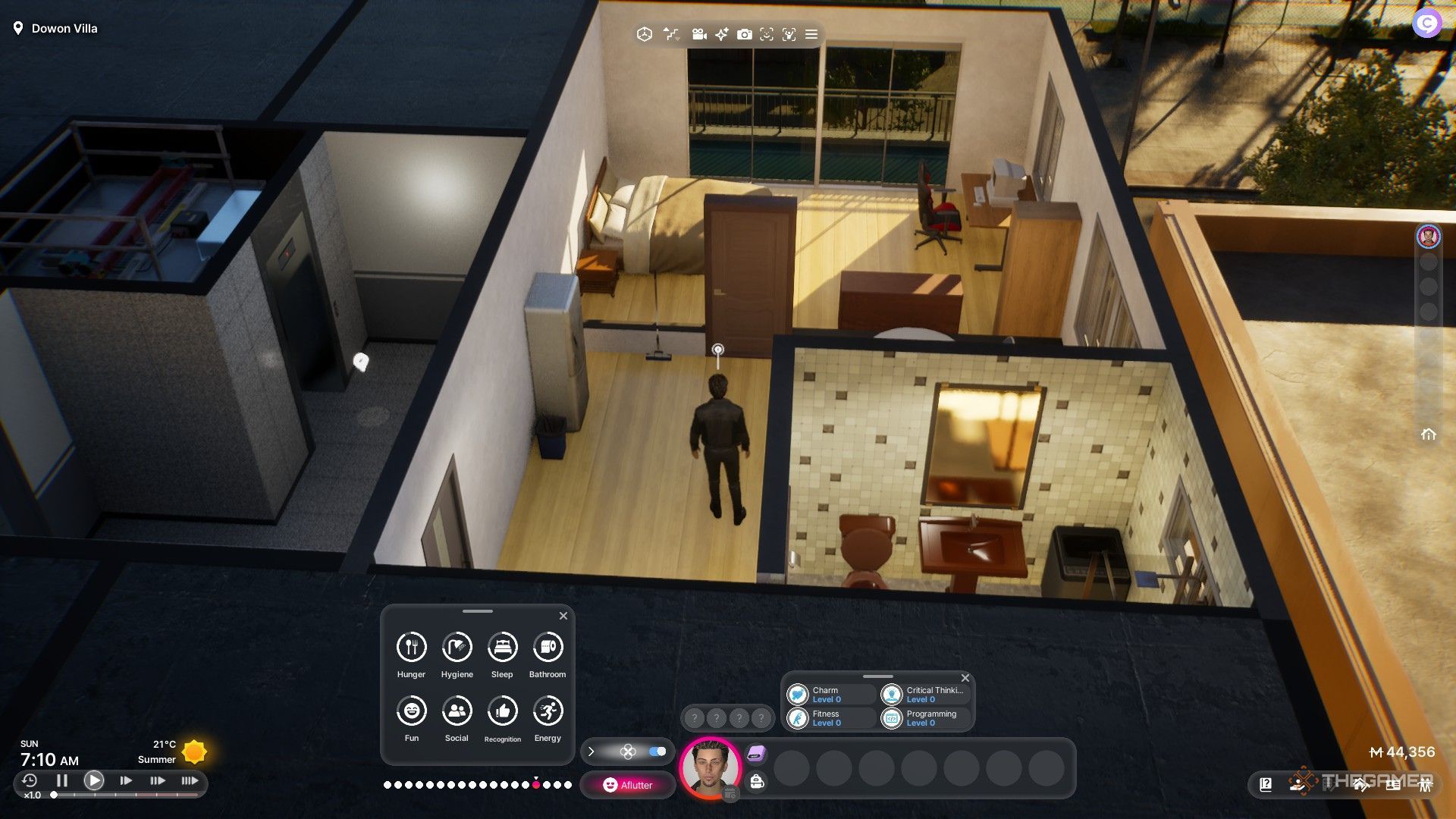 The image shows a Zoi standing in their apartment in InZoi