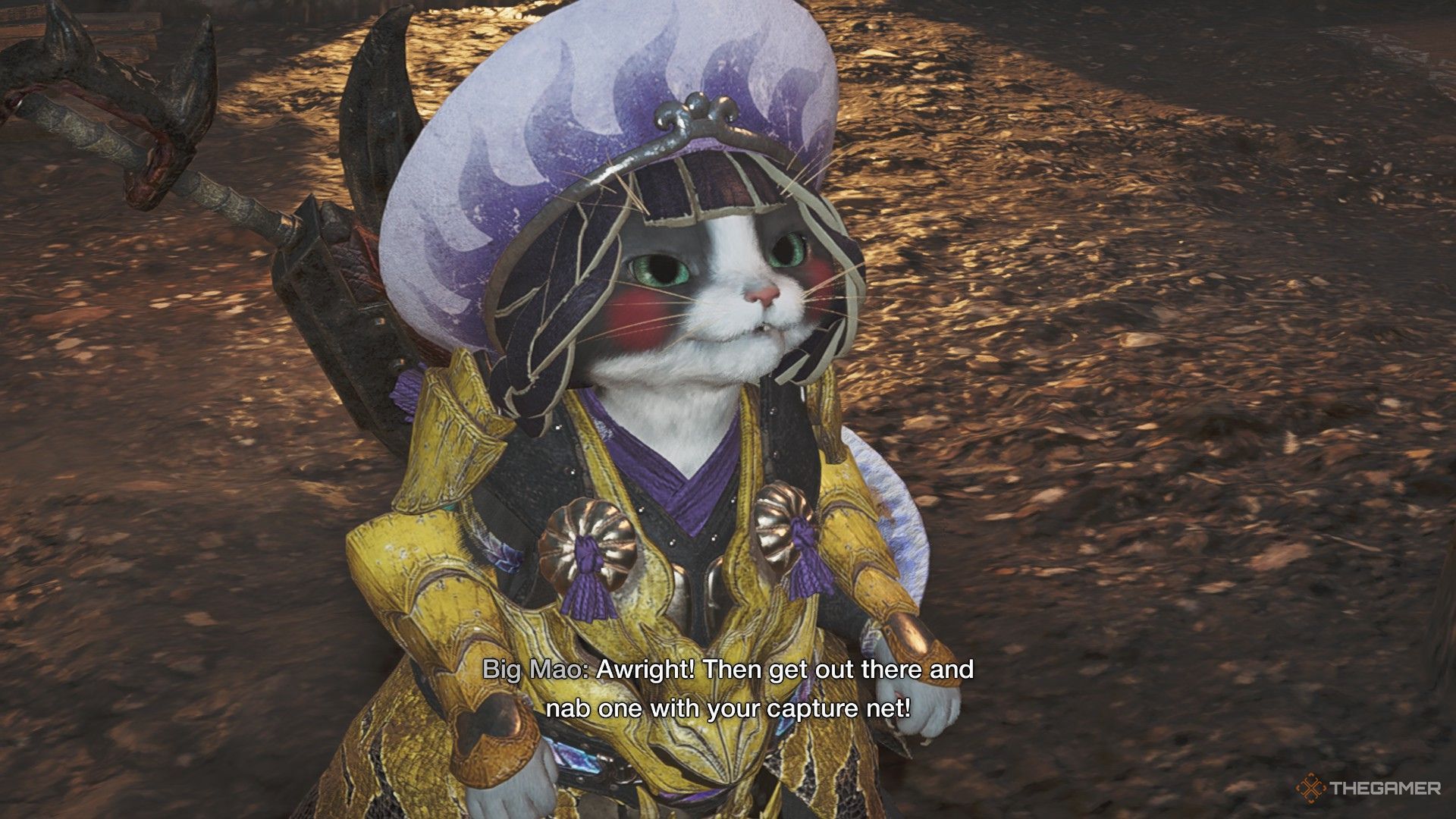 The image shows the Palico talking about capturing a Vigorwasp in Monster Hunter Wilds.