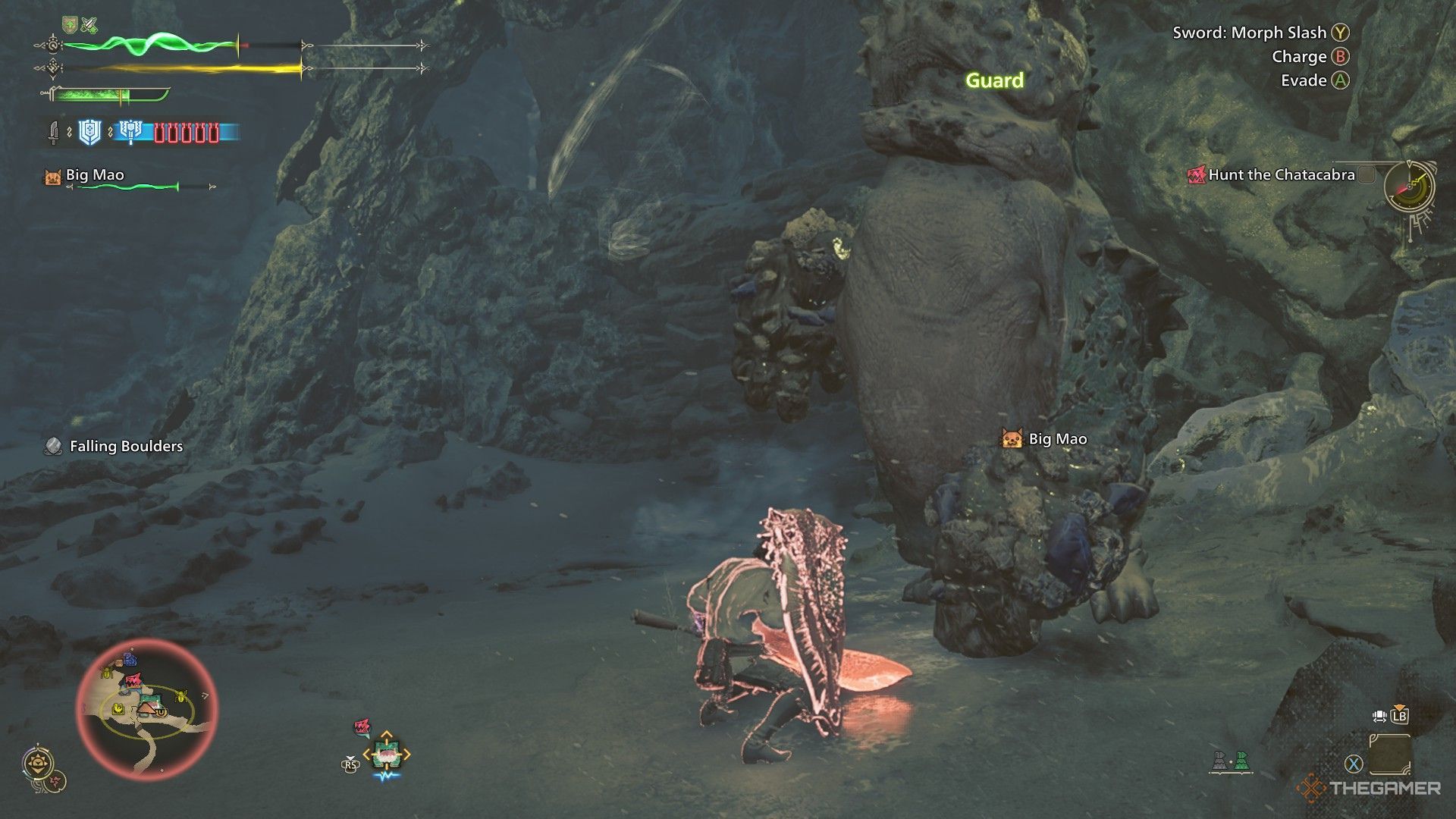 The image shows the Hunter guarding against a Chatacabra with a Charge Blade in Monster Hunter Wilds.