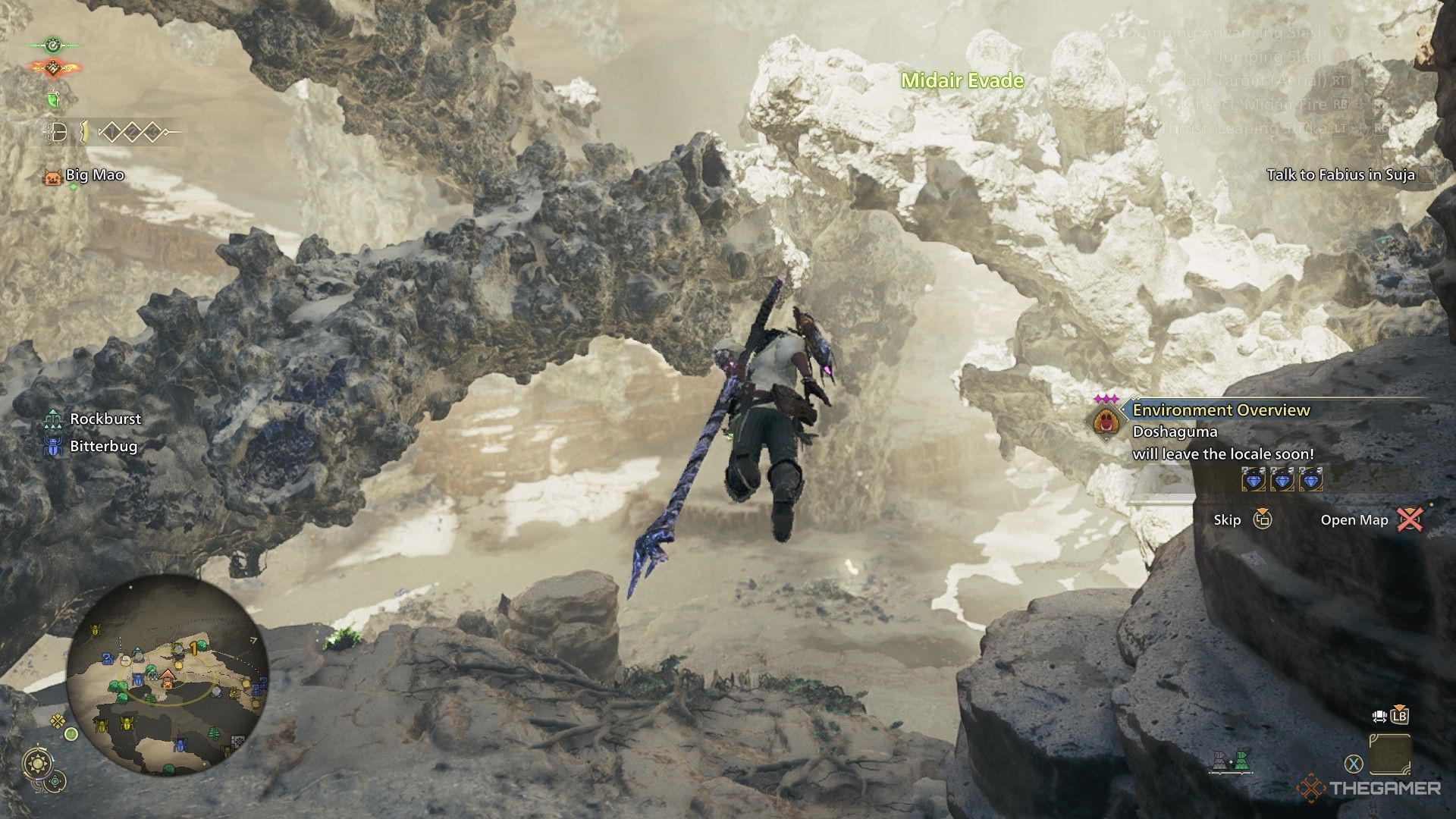 The image shows the Hunter Vaulting in the air with the Insect Glaive in Monster Hunter Wilds.