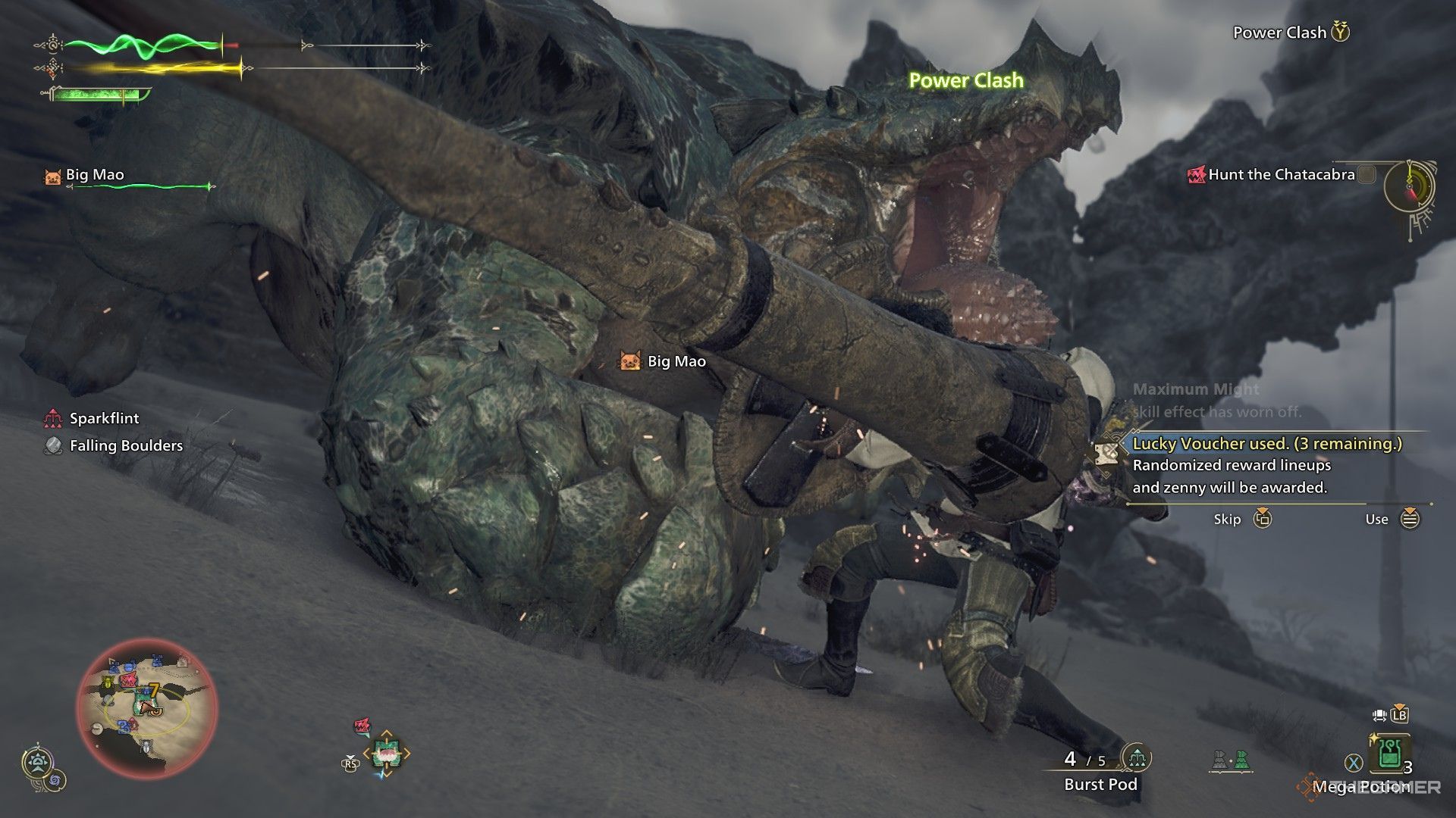 The image shows the Hunter guarding against an attack from a Chatacabra with a Lance's shield in Monster Hunter Wilds.