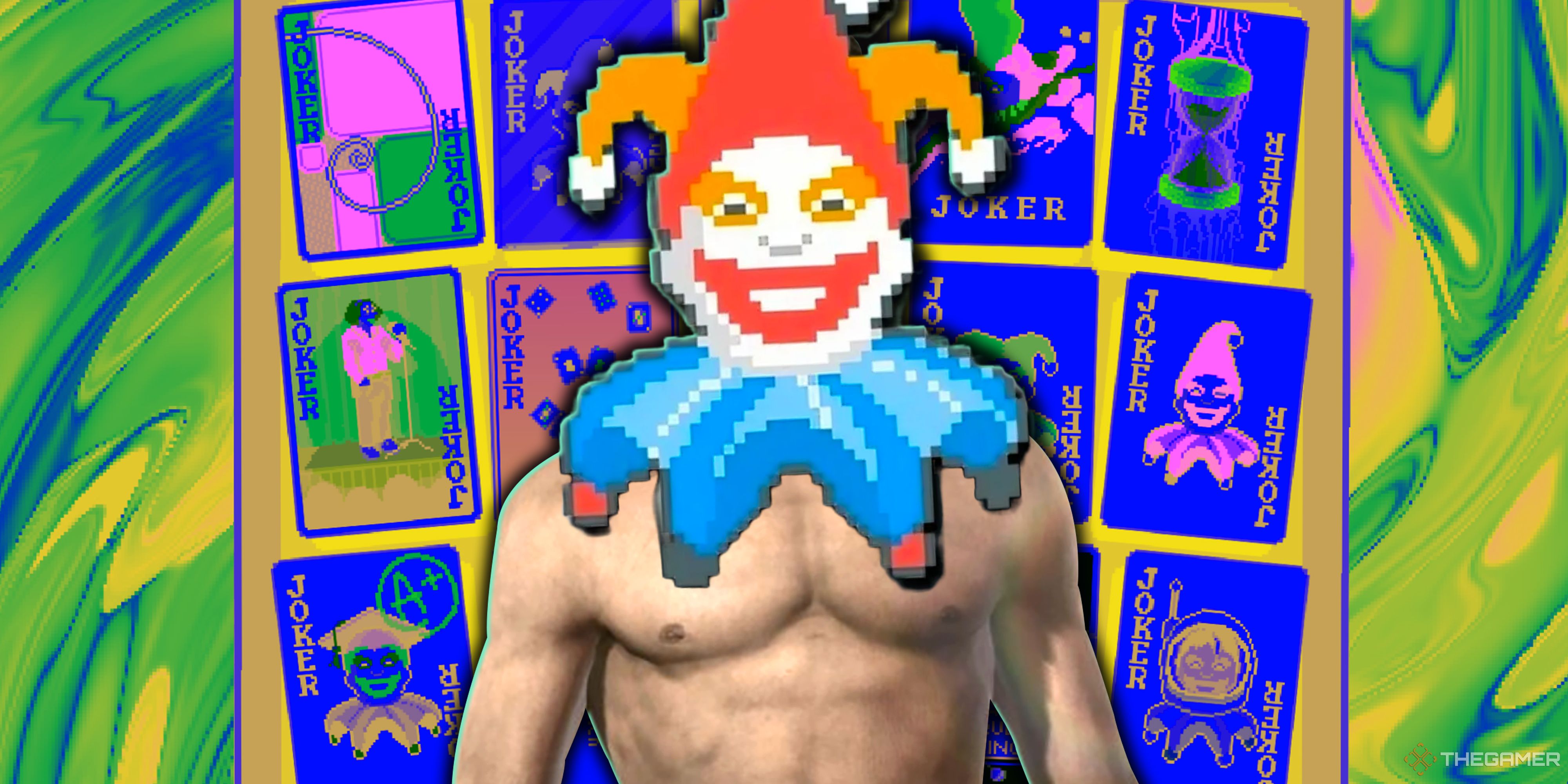 A shirtless man with the Balatro joker's head and a background of Balatro cards.