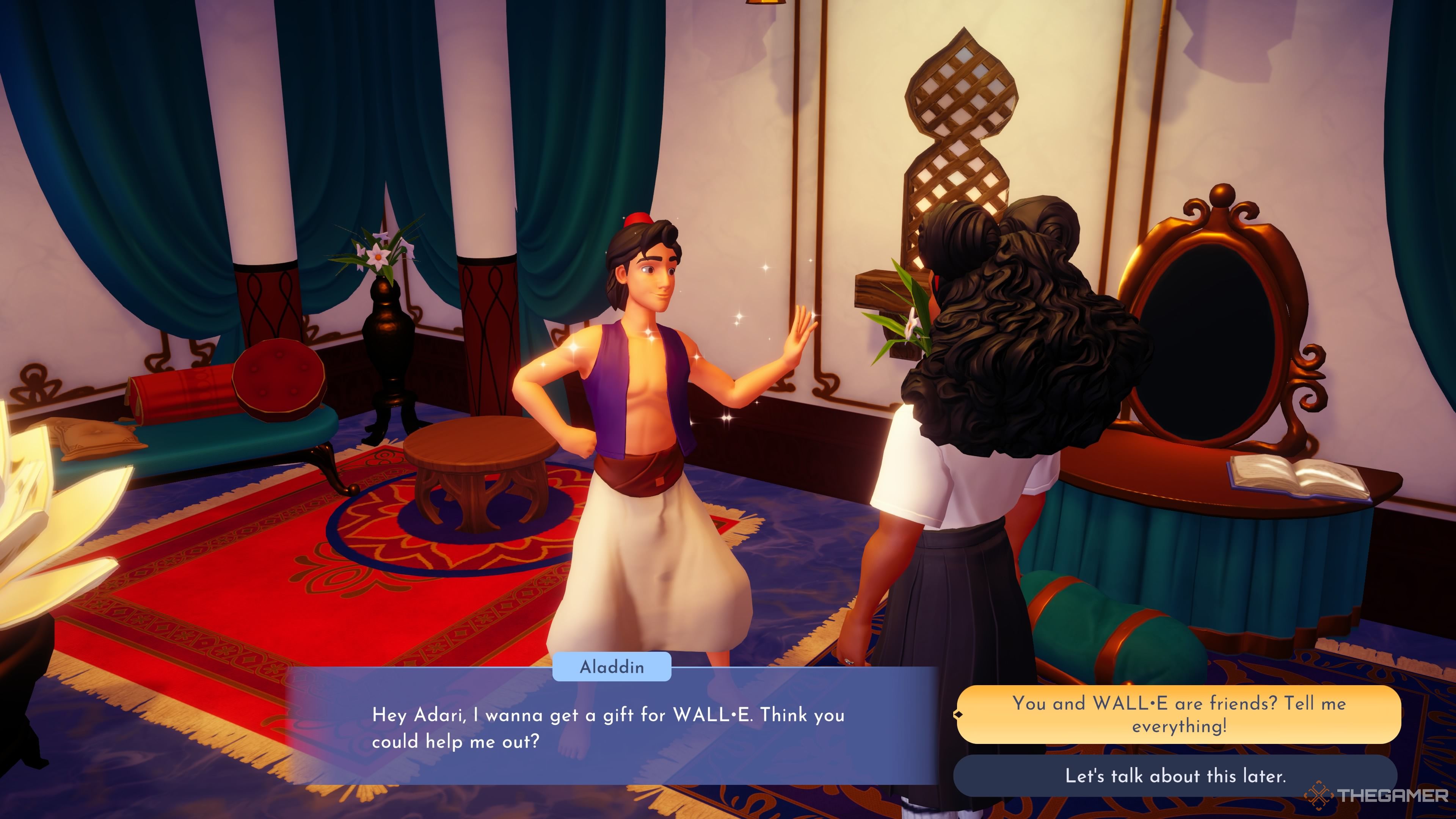 Player character talking with Aladdin who asks for help with a gift for WALL-E in Disney Dreamlight Valley.