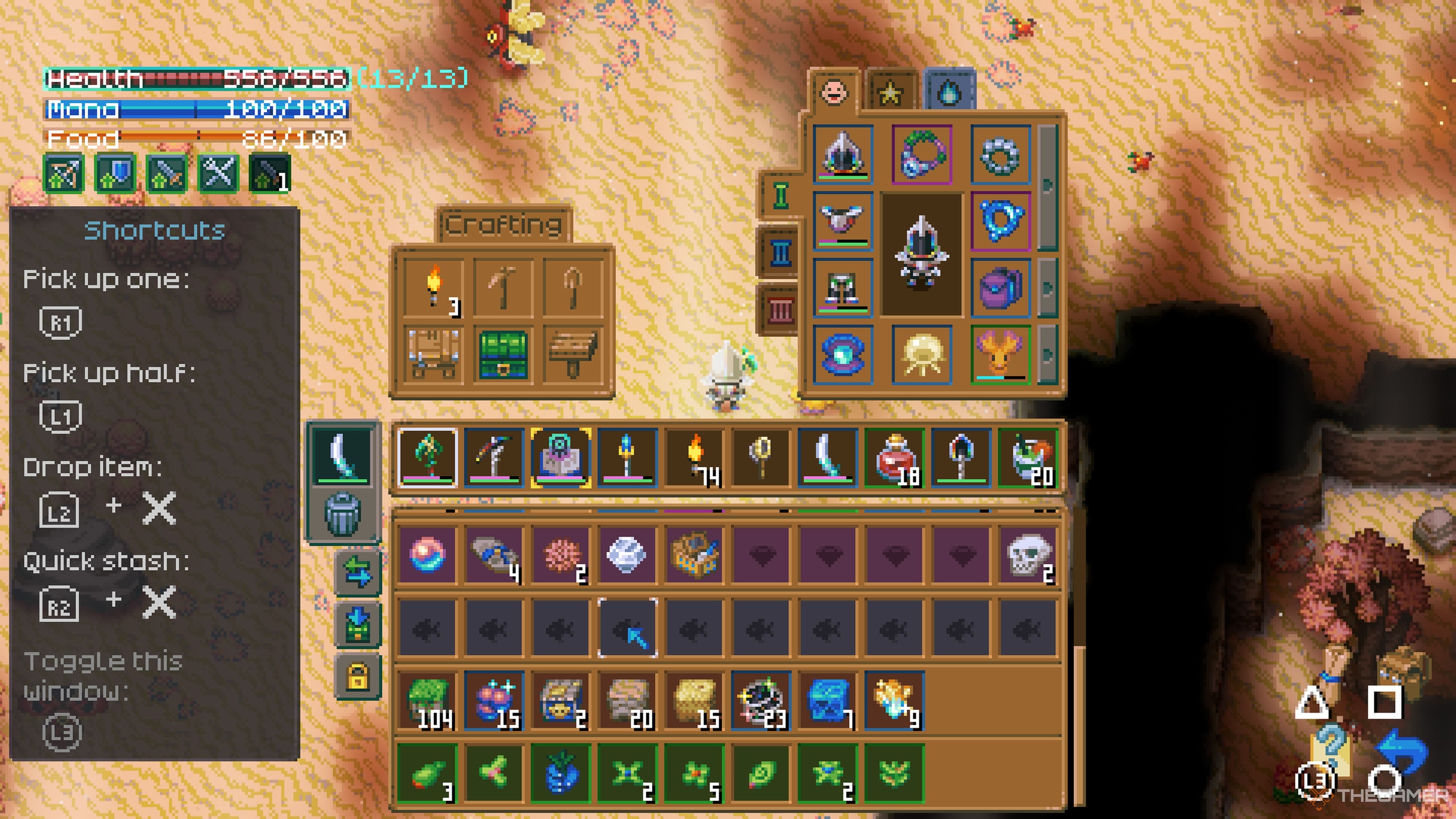 Player inventory, which shows four rows of pouches inventory, each has different items in the core keeper.