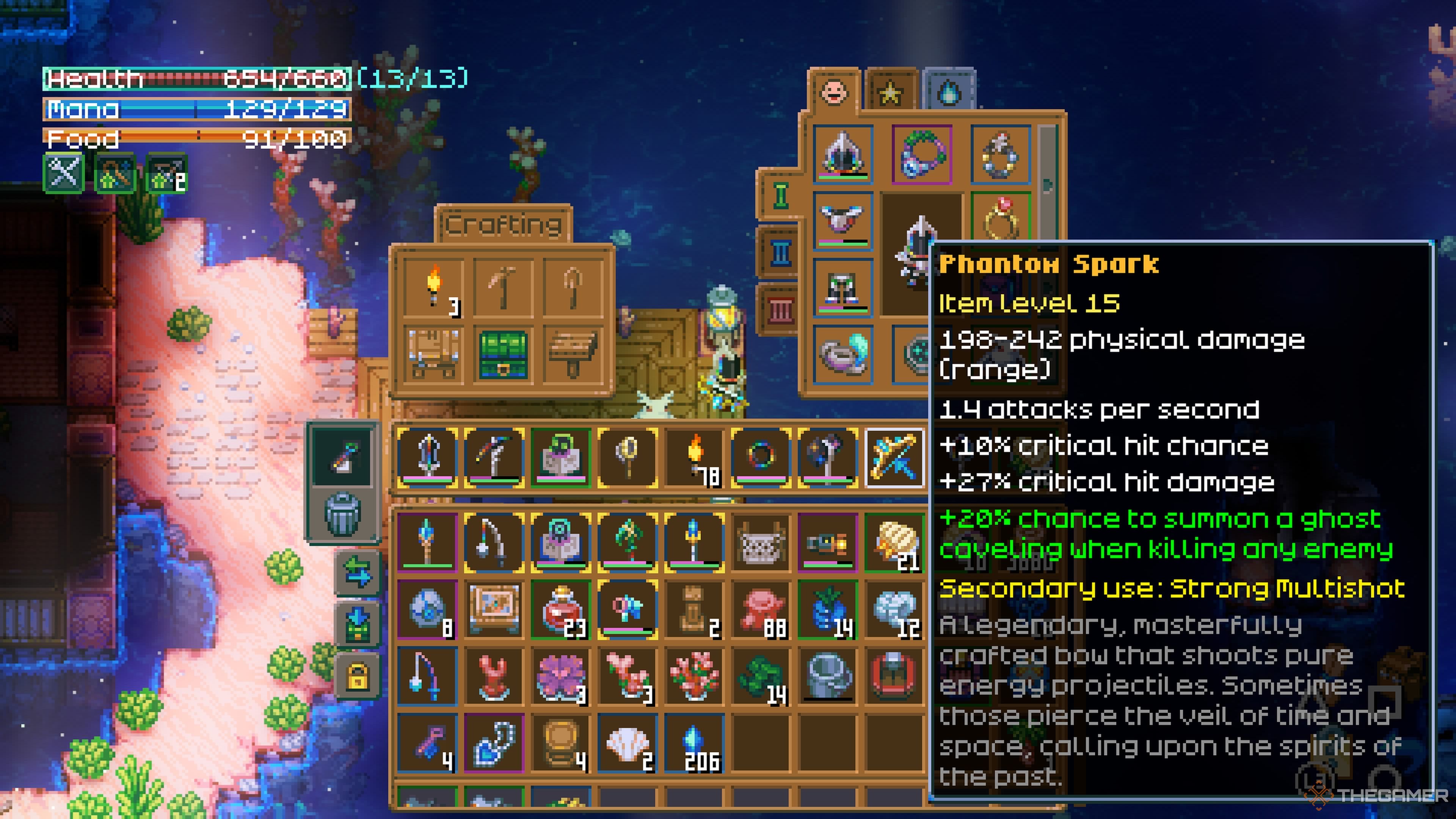 Player Character Phantom Spark is watching the bow and shows his stats and qualifications in the core keeper.