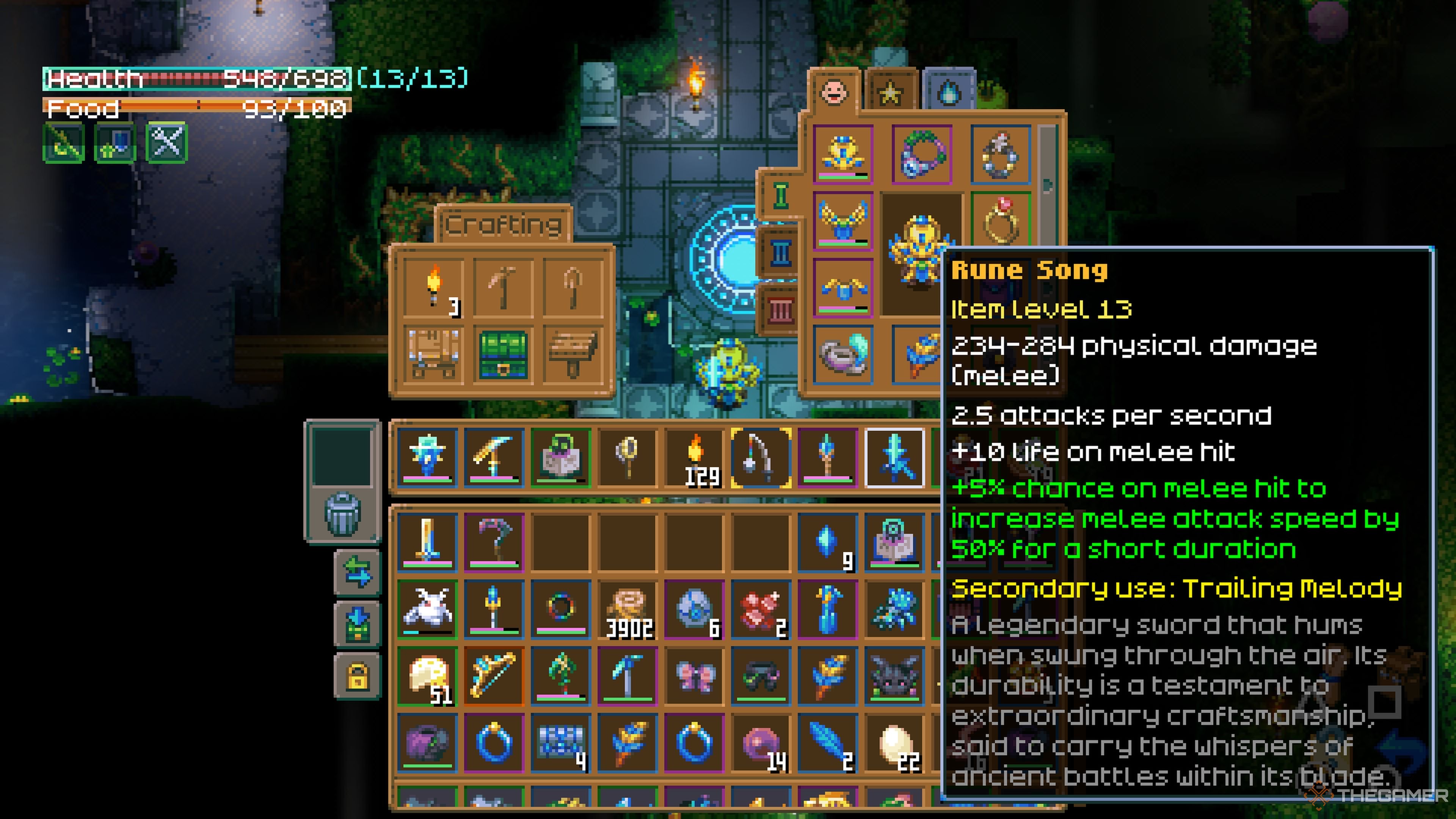 The player's character showing a pop -up with the Rune song's statistics and skills on it in the core guard.