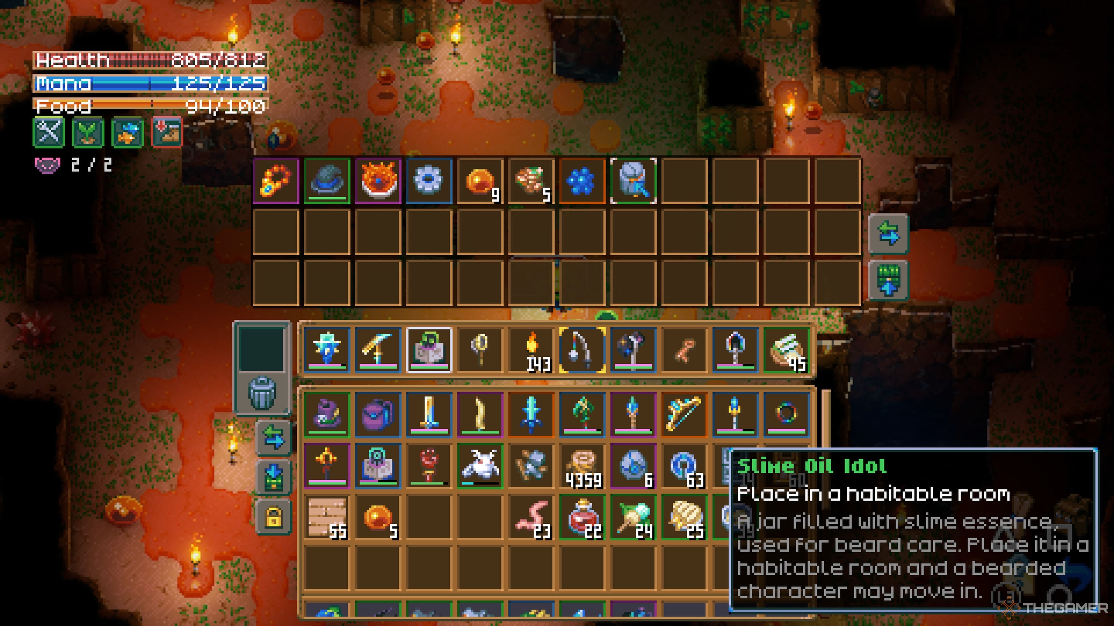 The inventory of Glurch's breasts after defeat shows a mucous oil idol list in Core Keeper.