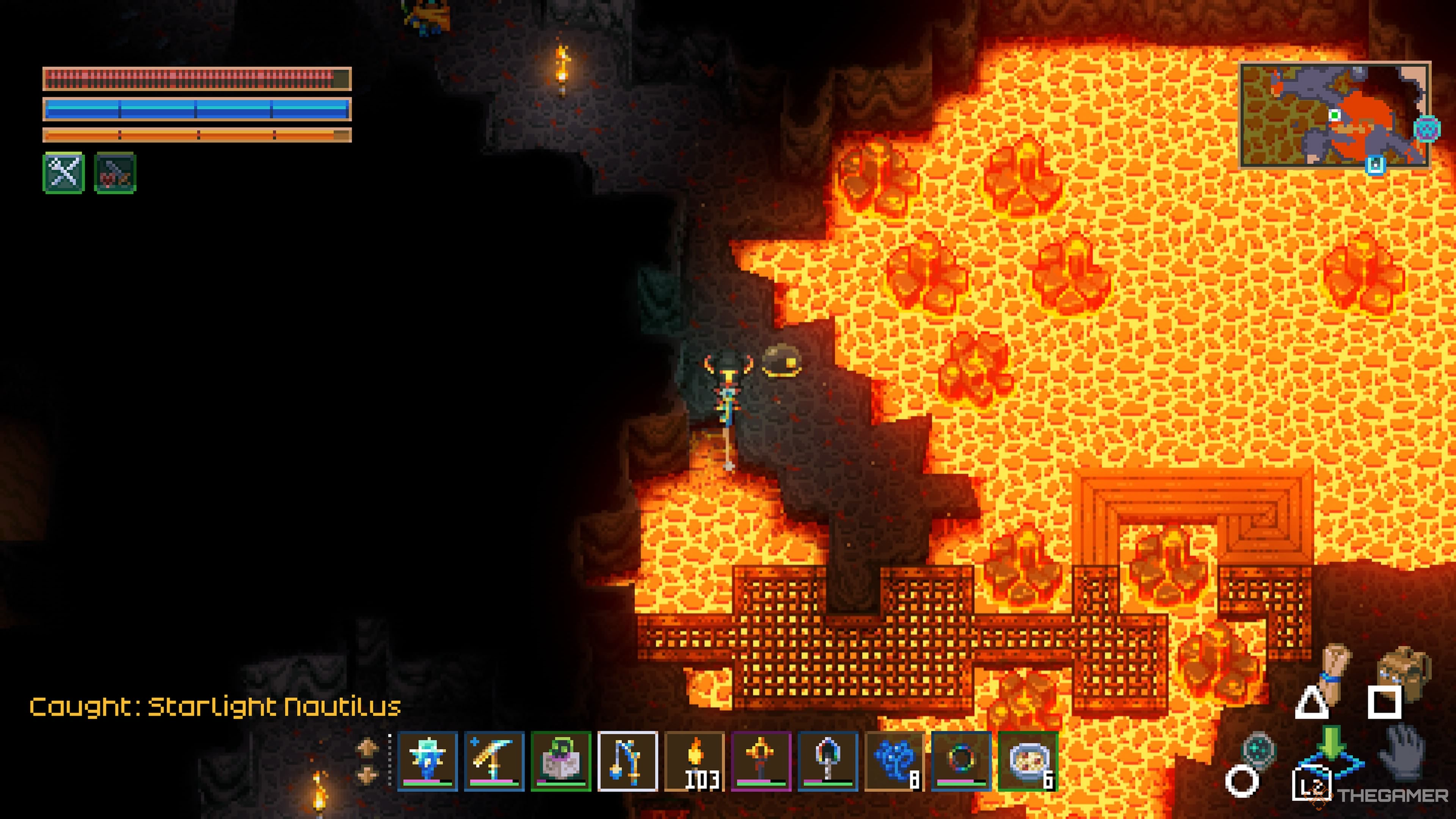 Player Character in Lava is catching Star Light Noties with a fashing rod and in the core keeper.