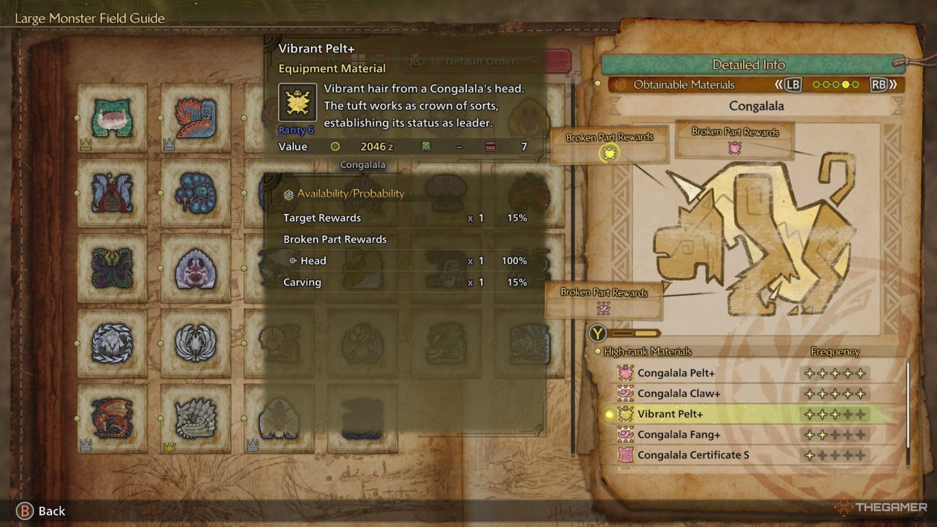 The image shows the Vibrant Pelt+ details from the Field Register menu in Monster Hunter Wilds.