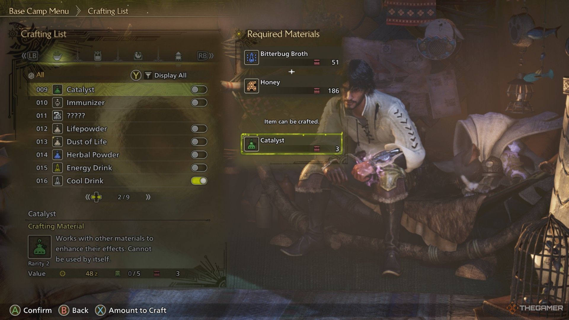 این تصویر دستور تهیه یک کاتالیزور در Monster Hunter Wilds را نشان می دهد.