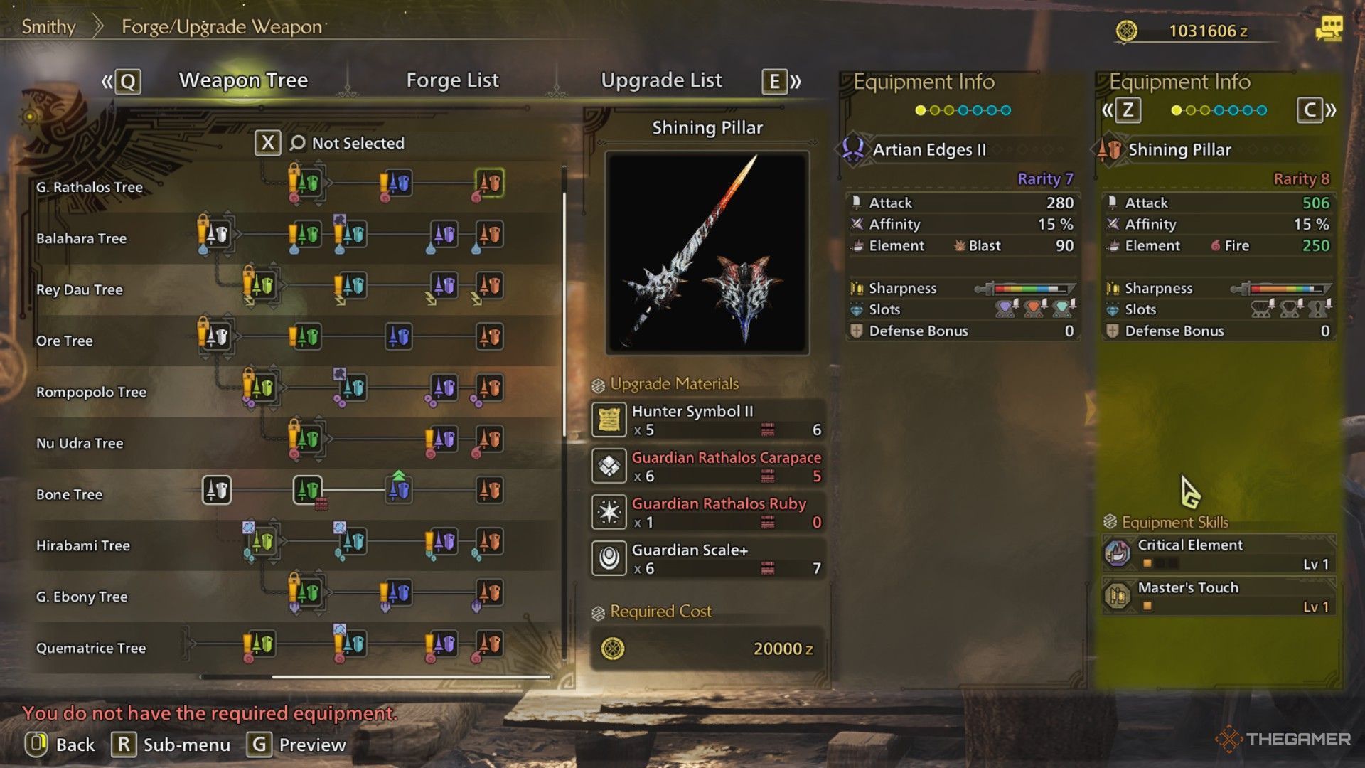 The image shows the Shining Pillar from the Smithy&rsquo;s Forge Menu in Monster Hunter Wilds.