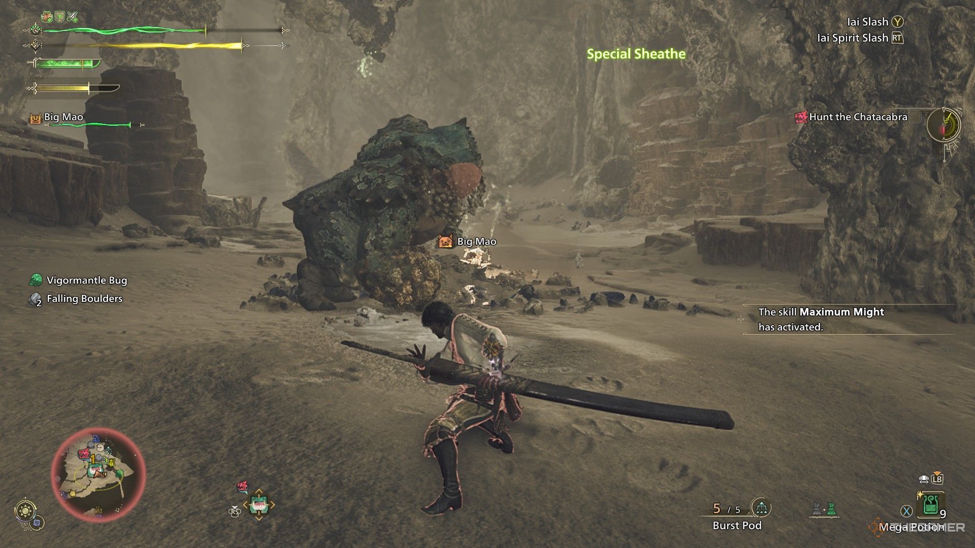 The image shows the Hunter using a Long Sword's Special Sheathe in Monster Hunter Wilds.