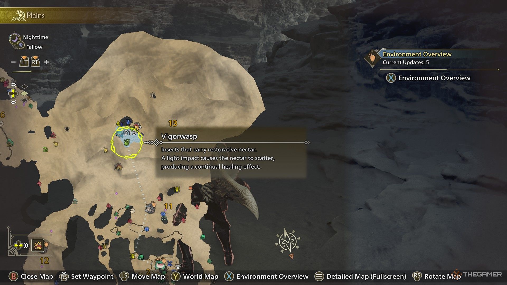 The image shows the Vigorwasp's location on the map in Monster Hunter Wilds.