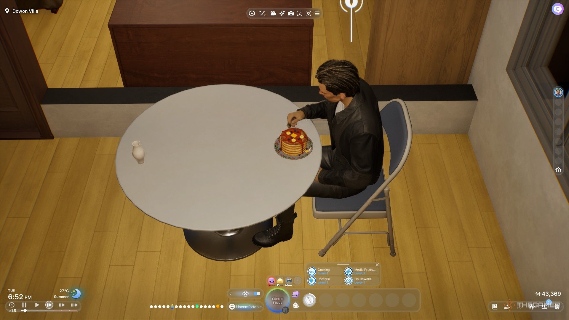 The image shows a Zoi eating pancakes in InZoi.