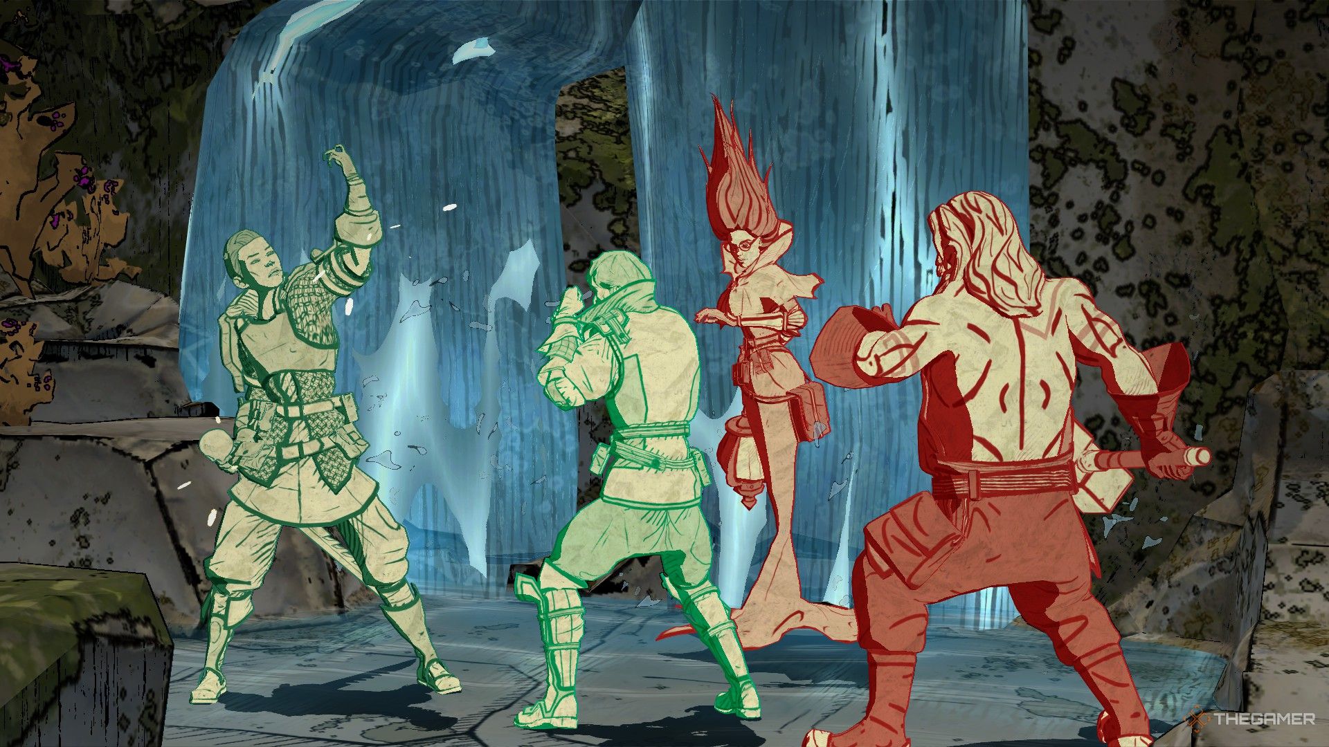 a cleric casts a spell during a fight on the waterfall map in Knights In Tight Spaces.