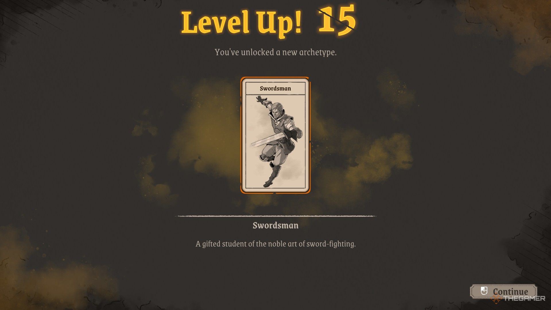 the level up screen in knights in tight spaces, upon reaching level 15 and unlocking the swordsman archetype.